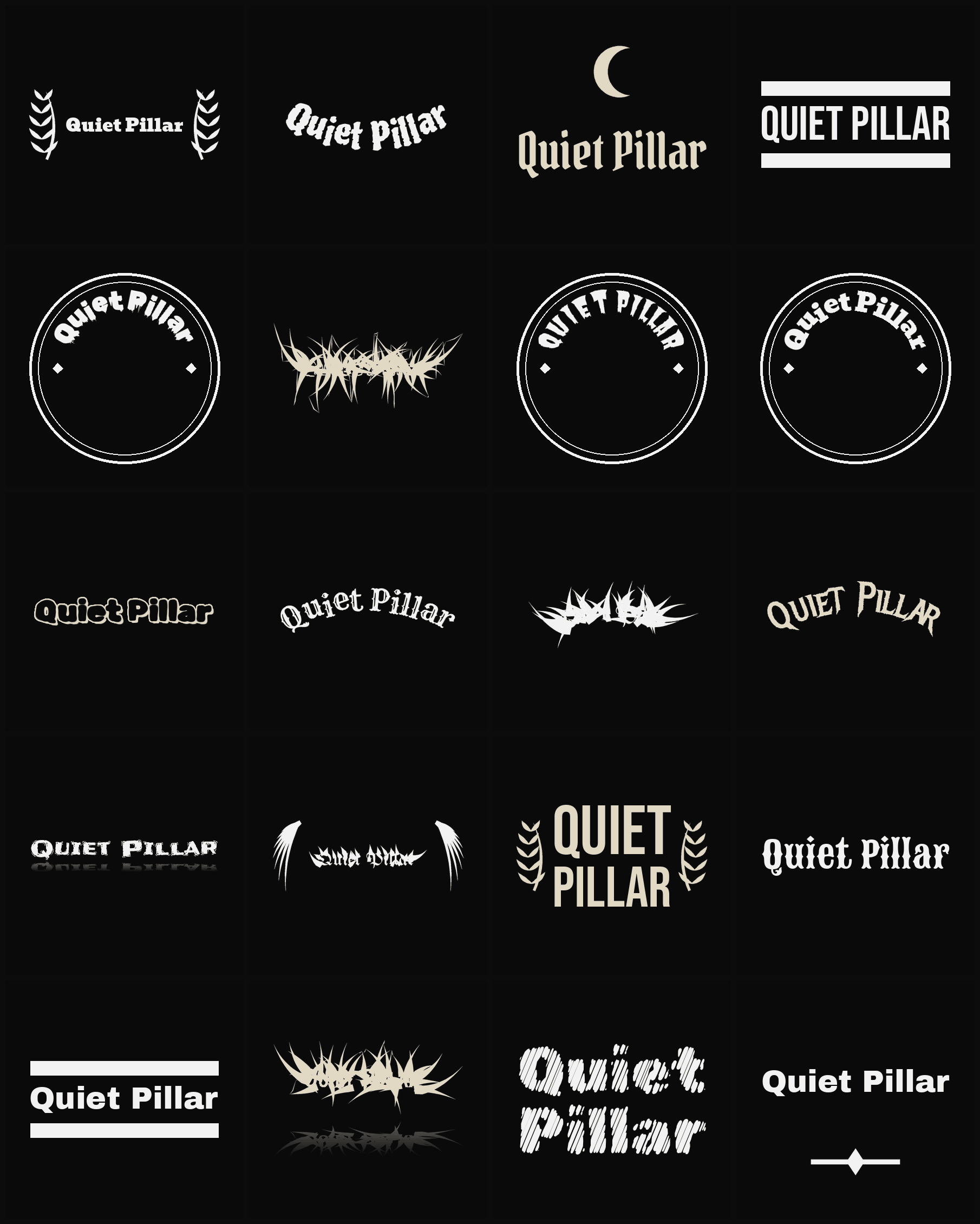 Twenty Quiet Pillar band logo ideas — different faces, treatments and spike settings
