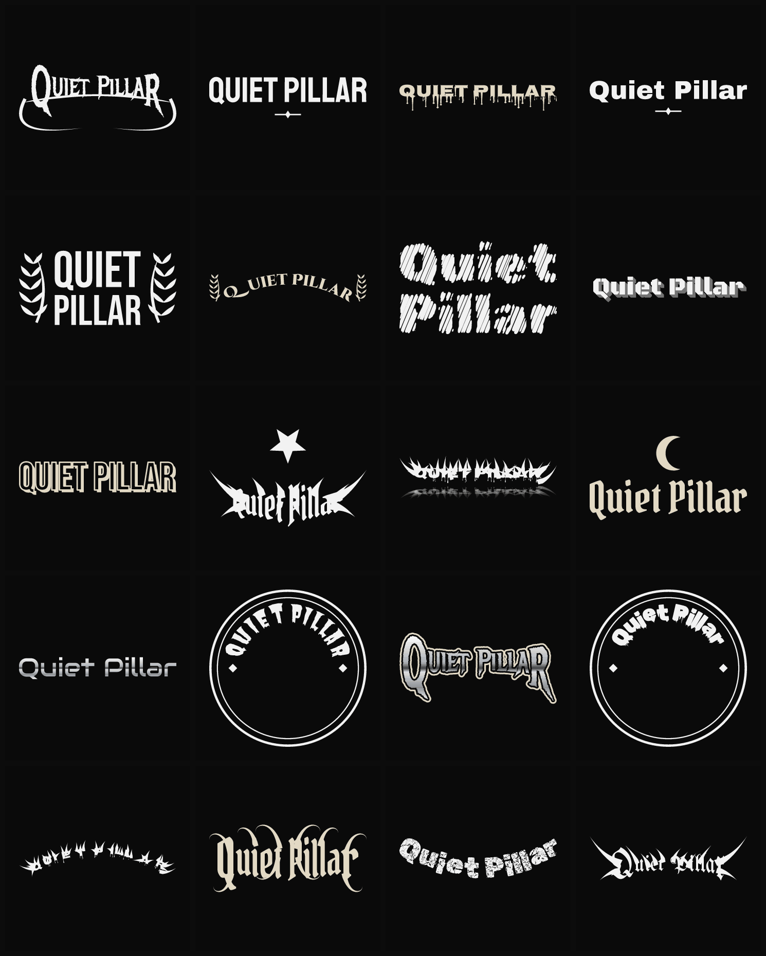 Twenty Quiet Pillar band logo ideas — different faces, treatments and spike settings