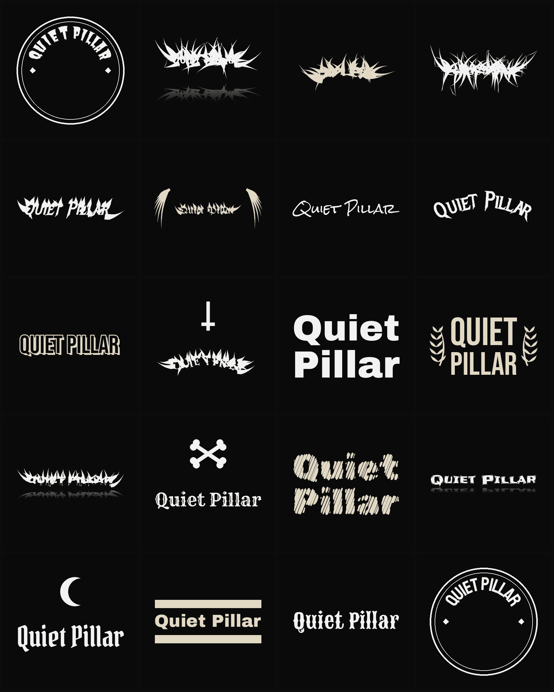 Twenty Quiet Pillar band logo ideas — different faces, treatments and spike settings