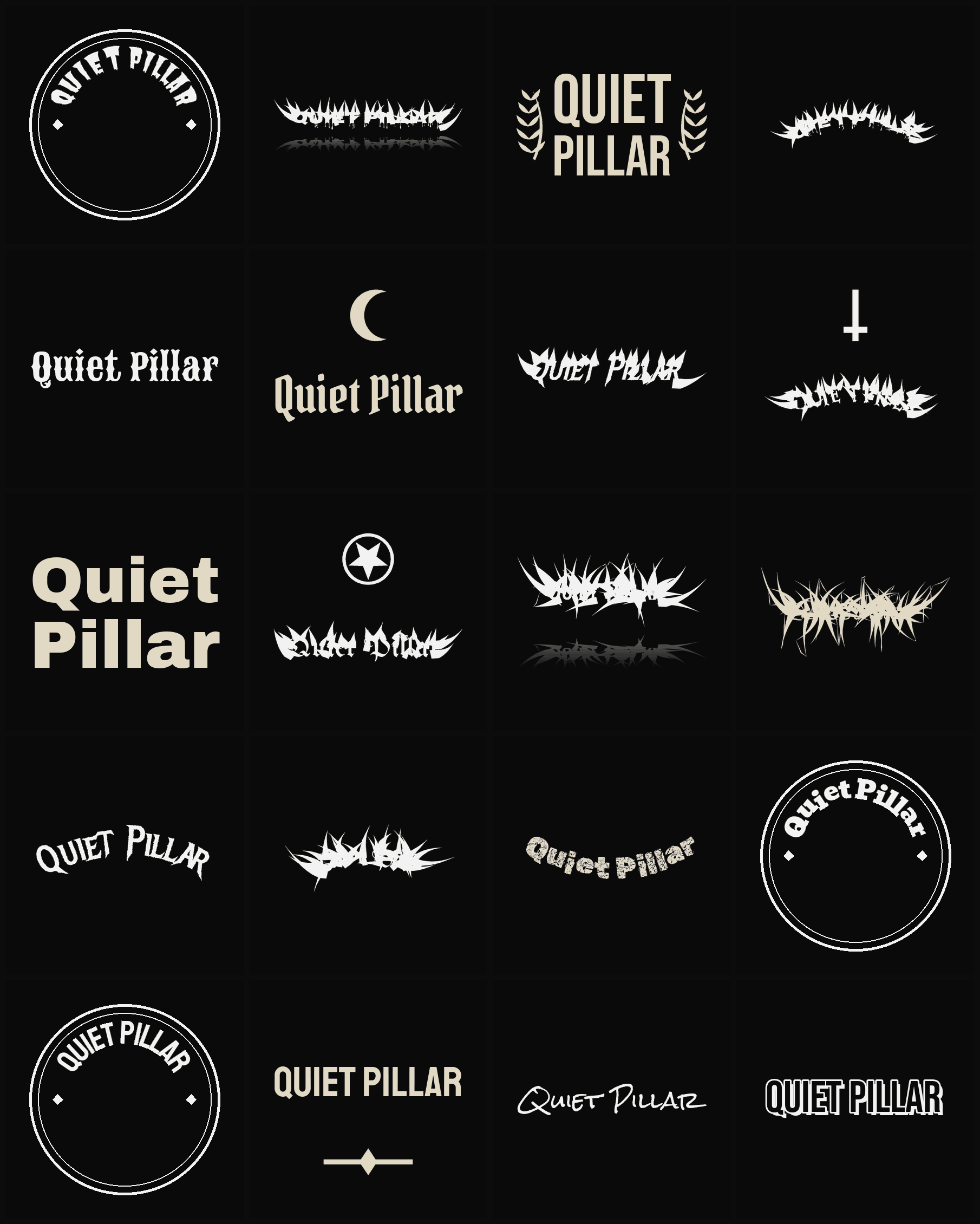 Twenty Quiet Pillar band logo ideas — different faces, treatments and spike settings