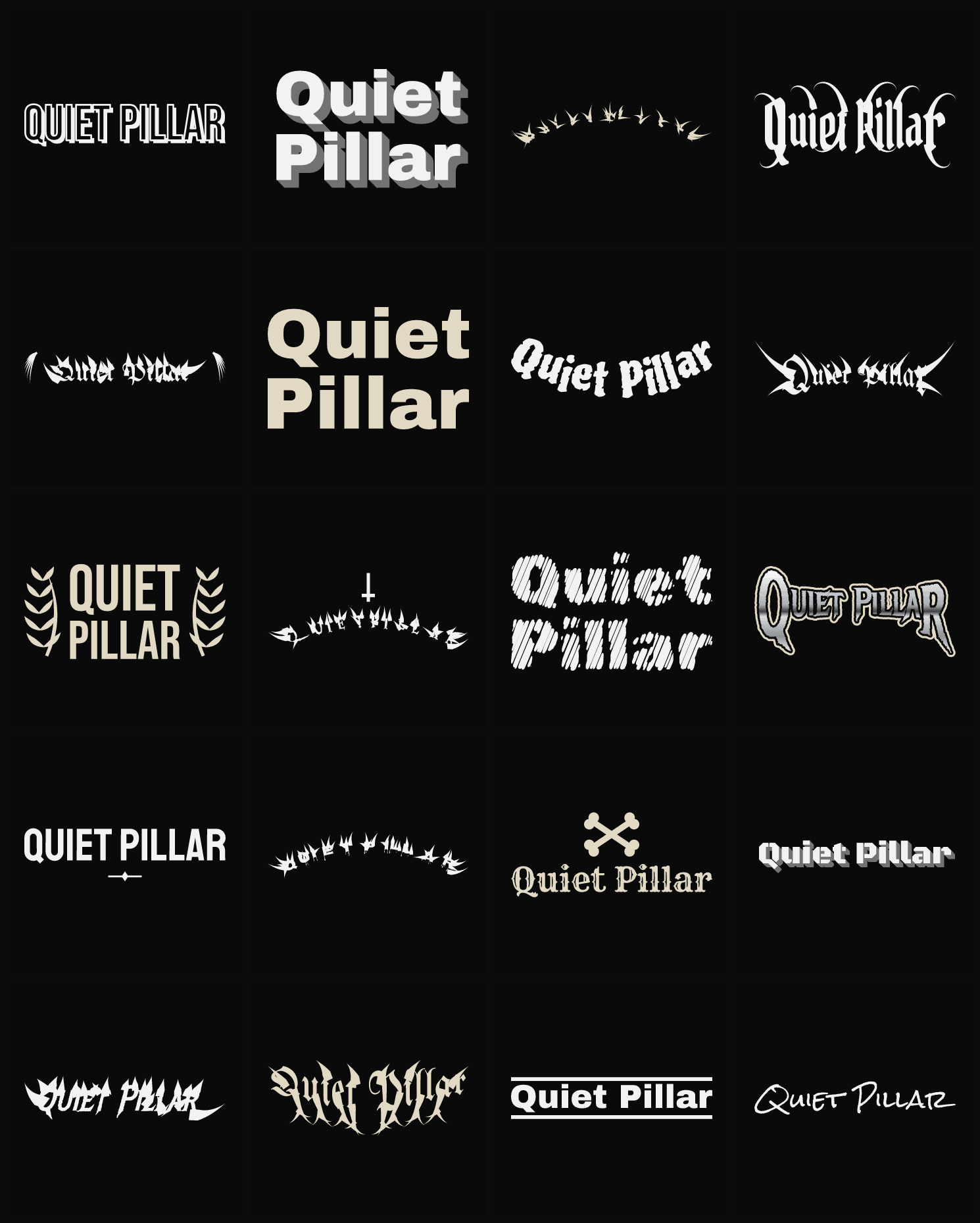 Twenty Quiet Pillar band logo ideas — different faces, treatments and spike settings