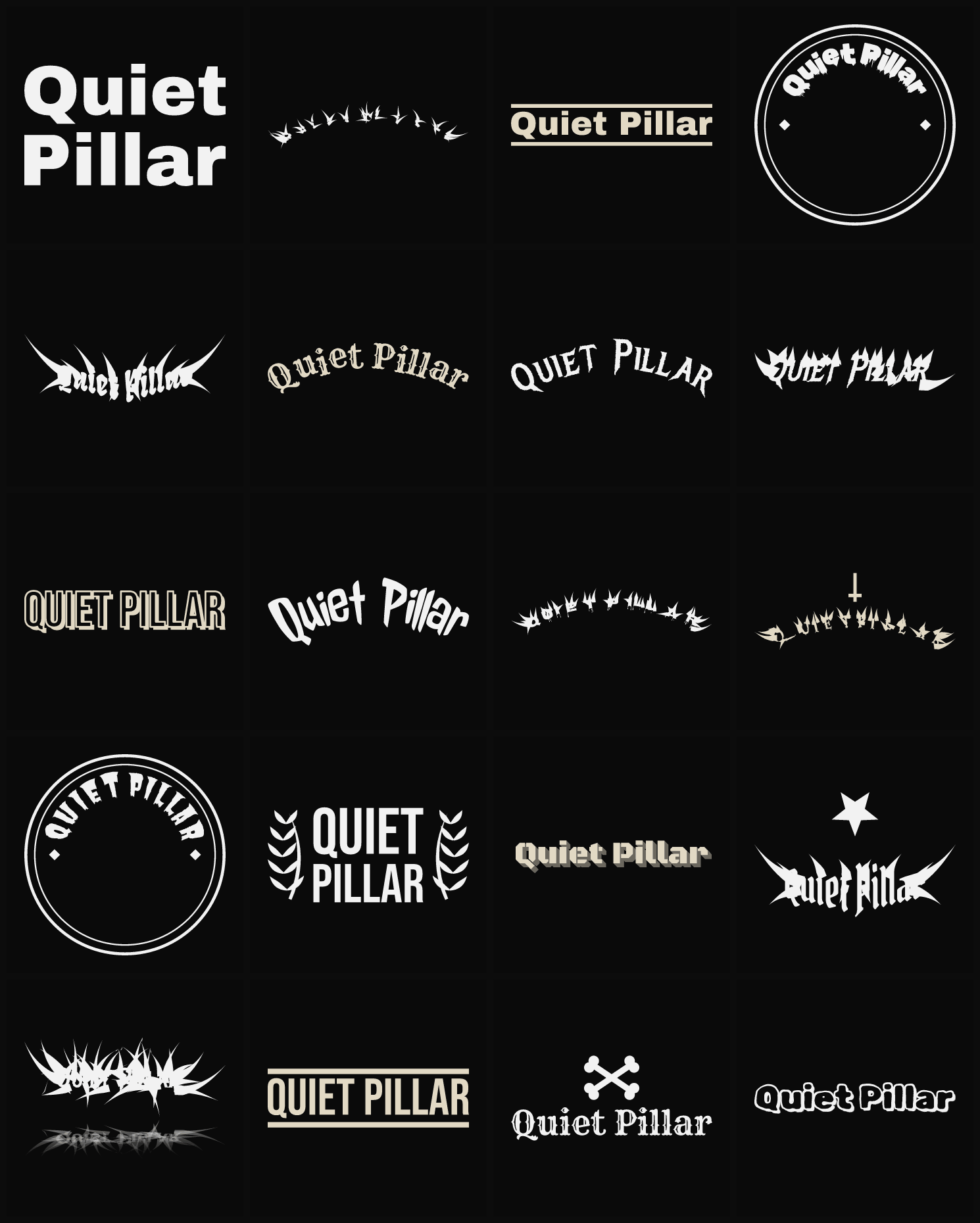 Twenty Quiet Pillar band logo ideas — different faces, treatments and spike settings