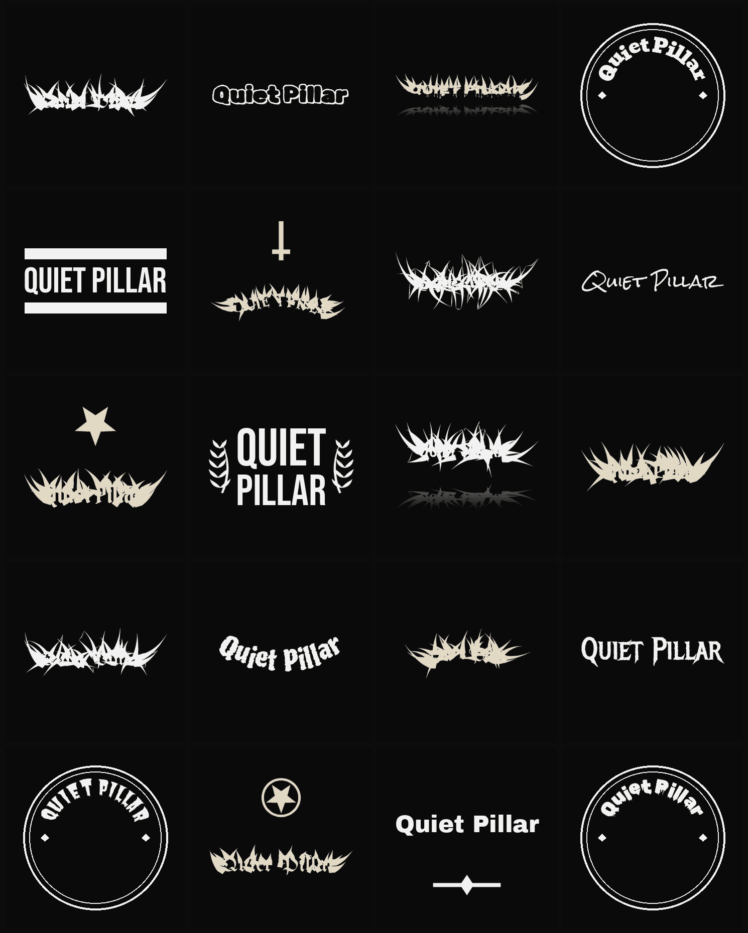 Twenty Quiet Pillar band logo ideas — different faces, treatments and spike settings