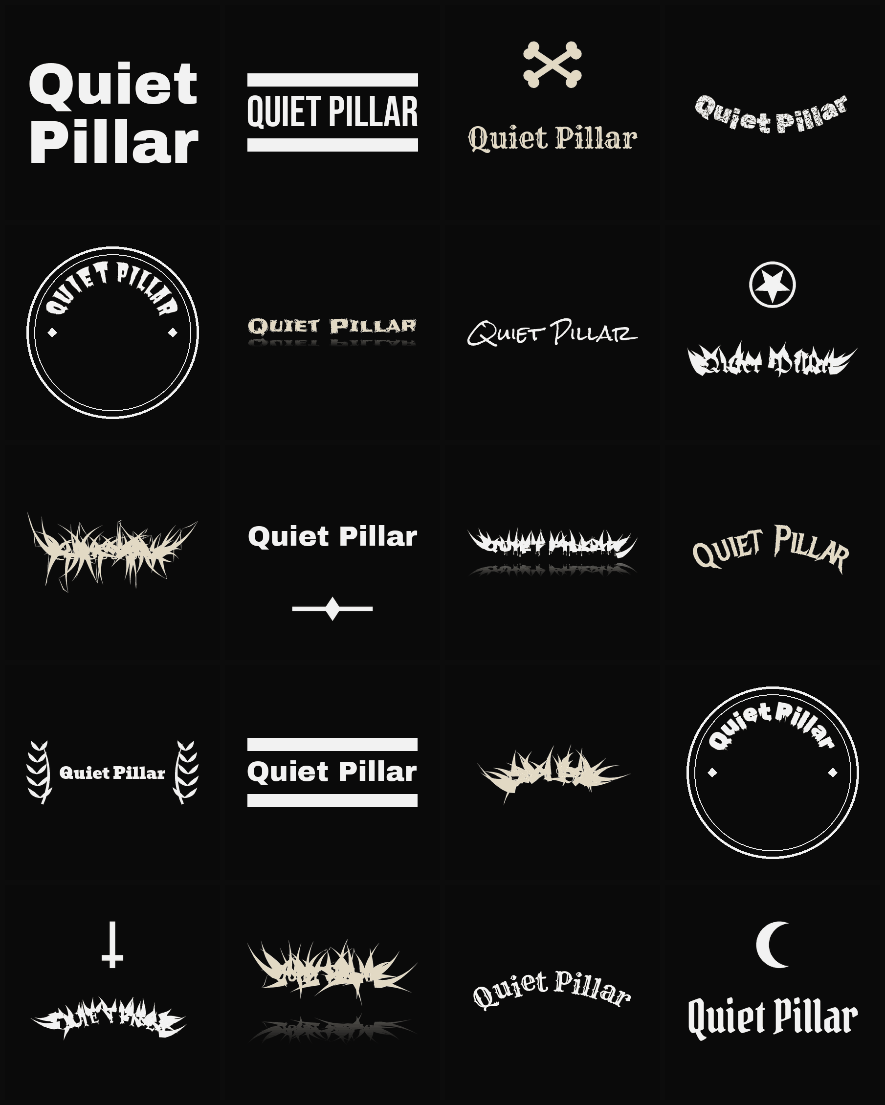 Twenty Quiet Pillar band logo ideas — different faces, treatments and spike settings