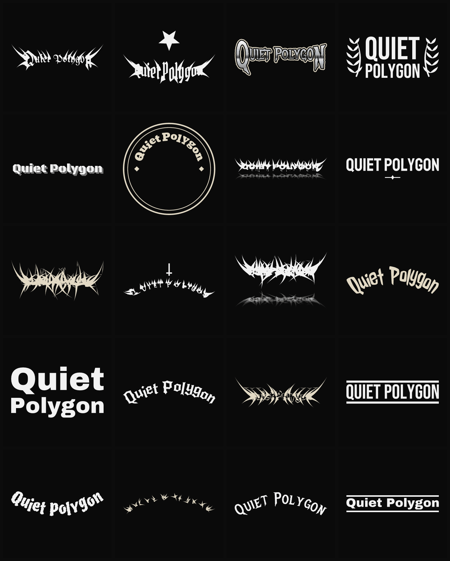 Twenty Quiet Polygon band logo ideas — different faces, treatments and spike settings