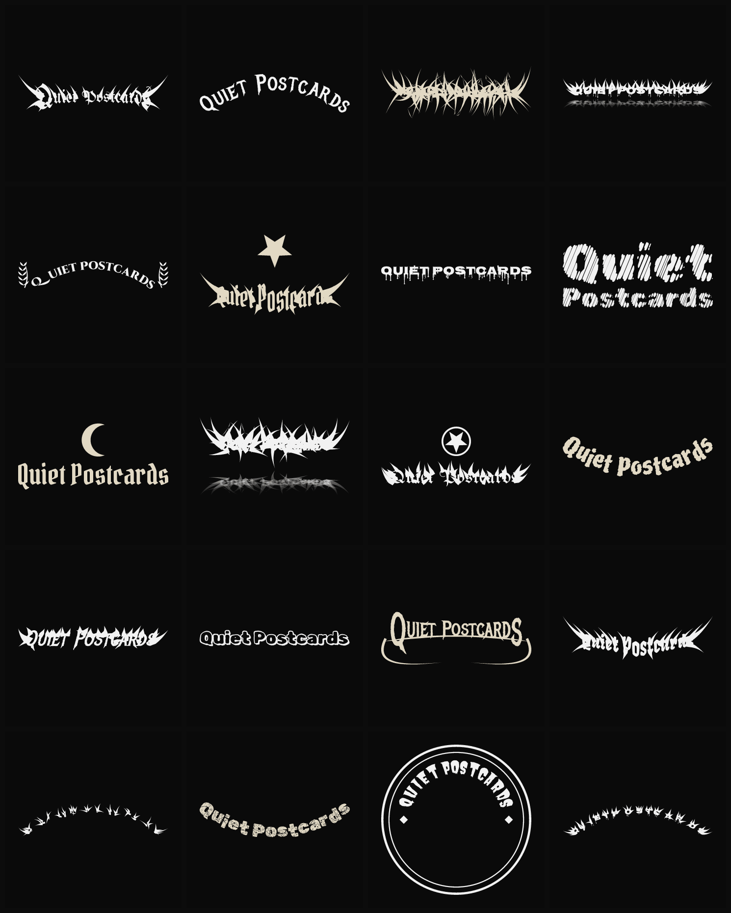 Twenty Quiet Postcards band logo ideas — different faces, treatments and spike settings