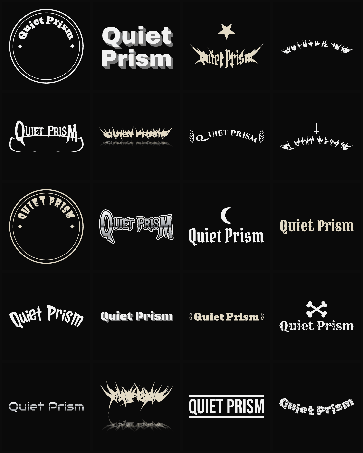 Twenty Quiet Prism band logo ideas — different faces, treatments and spike settings