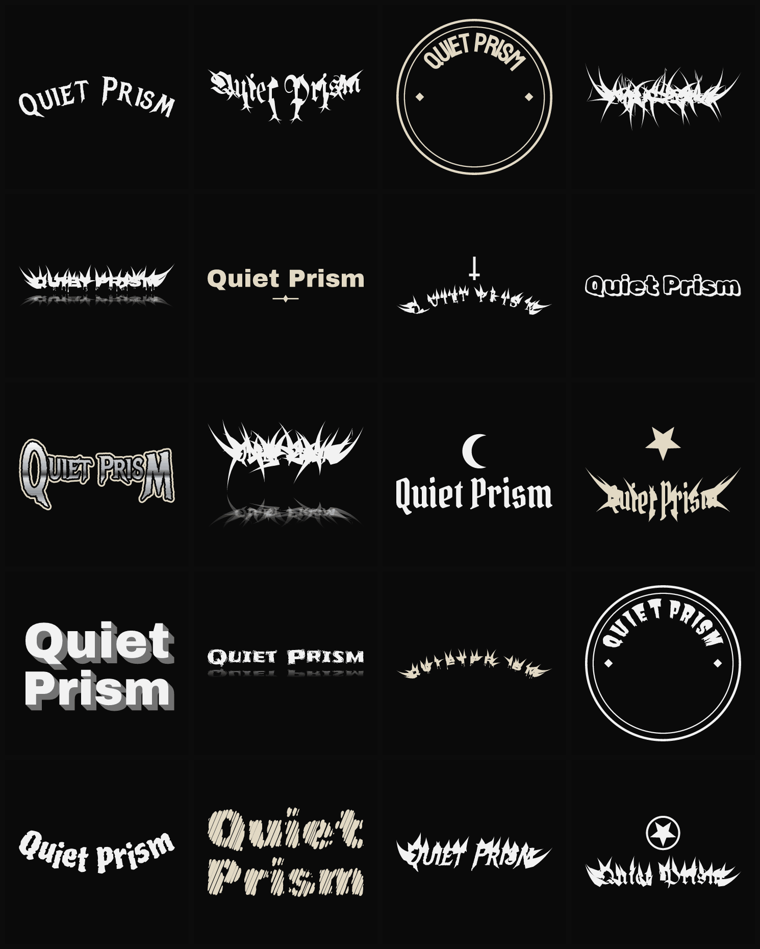 Twenty Quiet Prism band logo ideas — different faces, treatments and spike settings