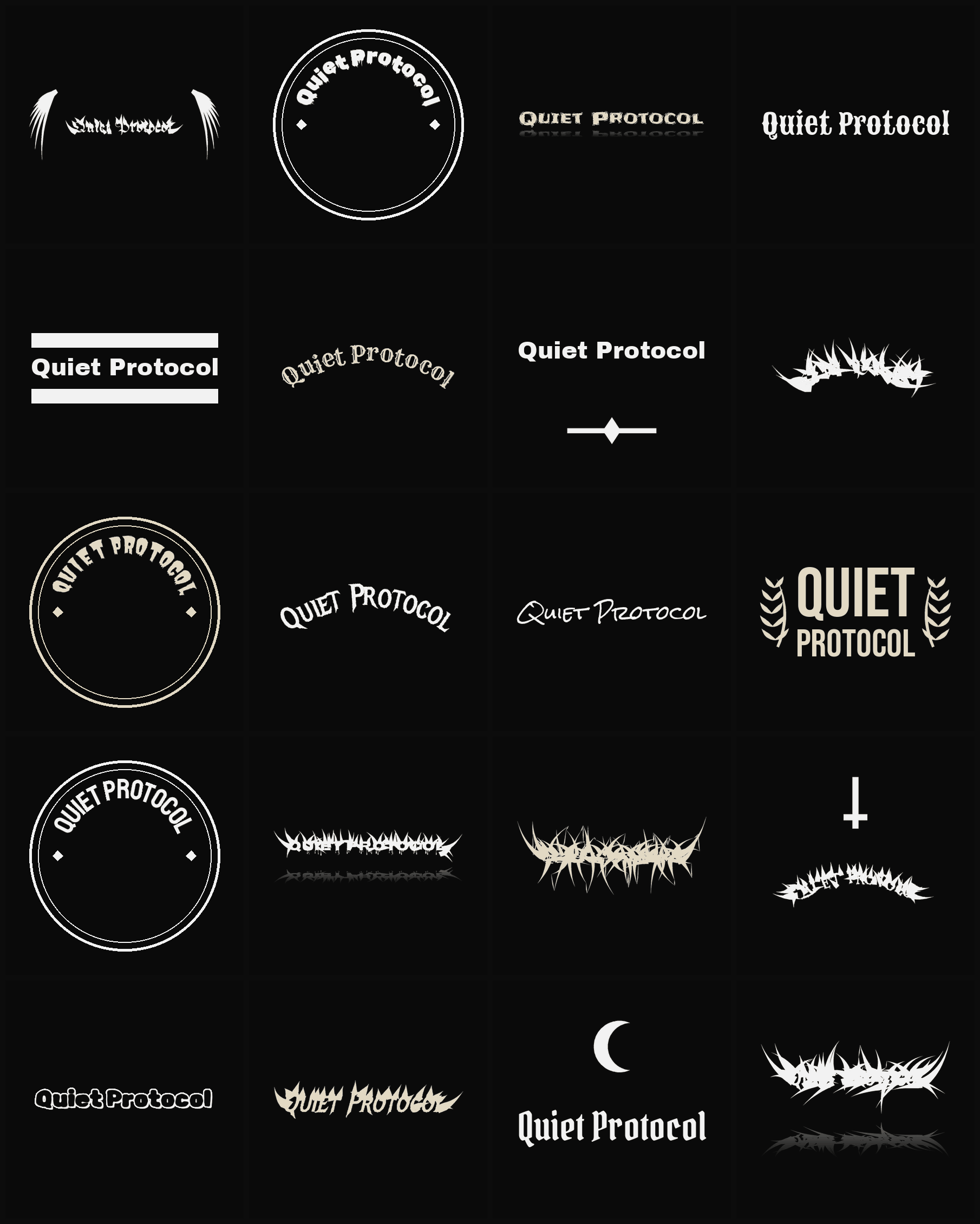 Twenty Quiet Protocol band logo ideas — different faces, treatments and spike settings