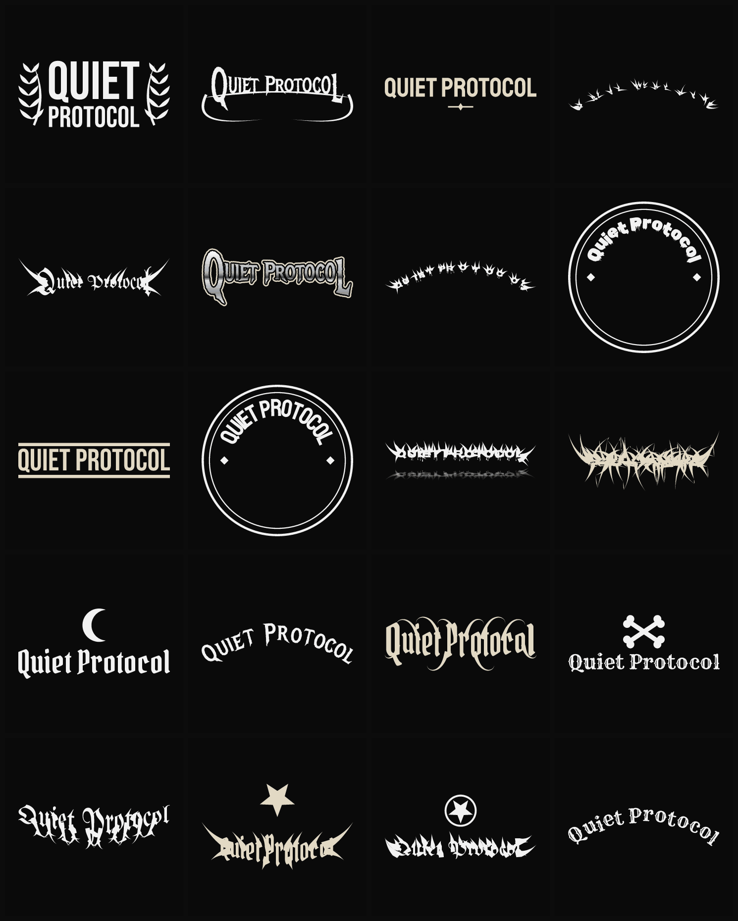 Twenty Quiet Protocol band logo ideas — different faces, treatments and spike settings