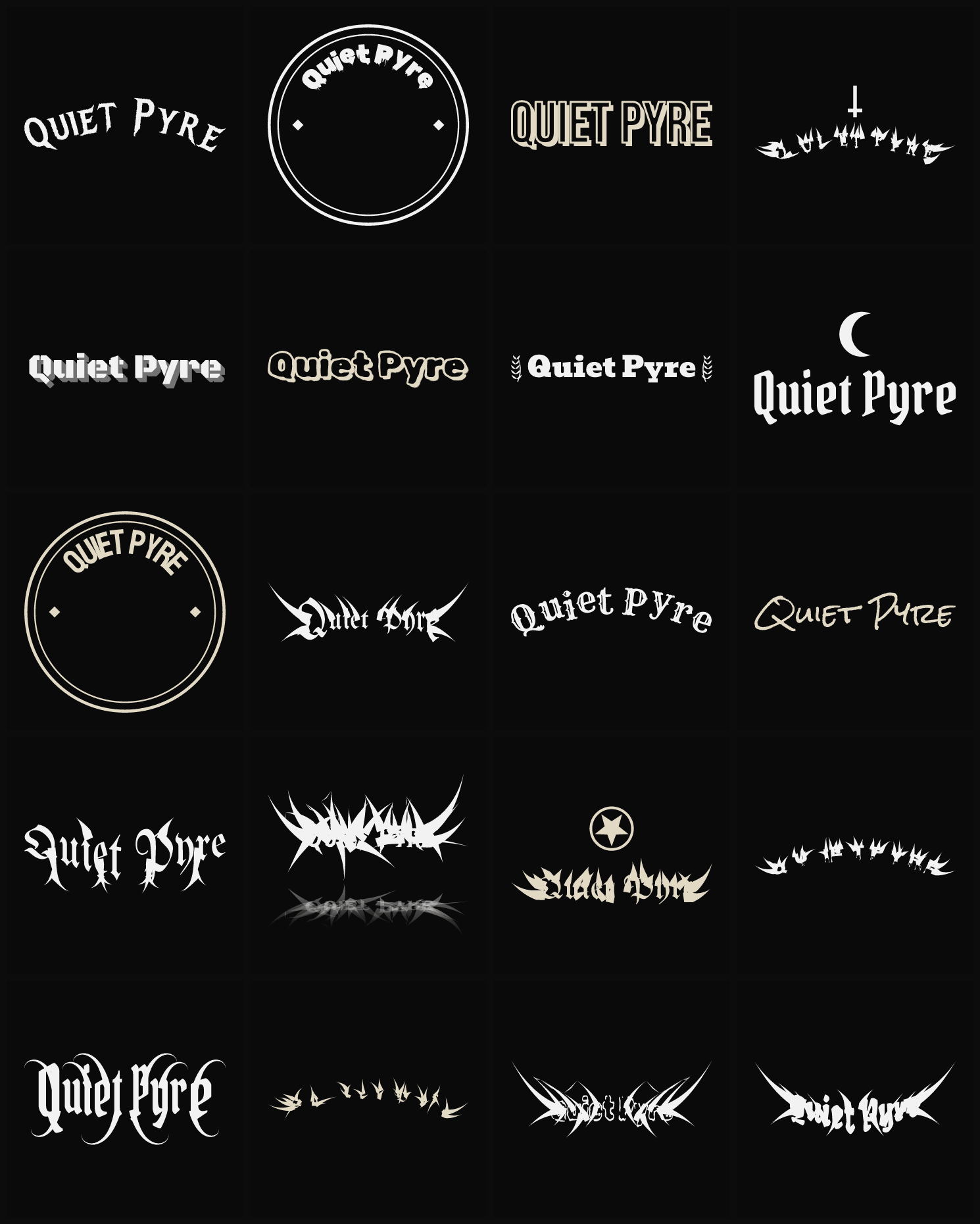 Twenty Quiet Pyre band logo ideas — different faces, treatments and spike settings