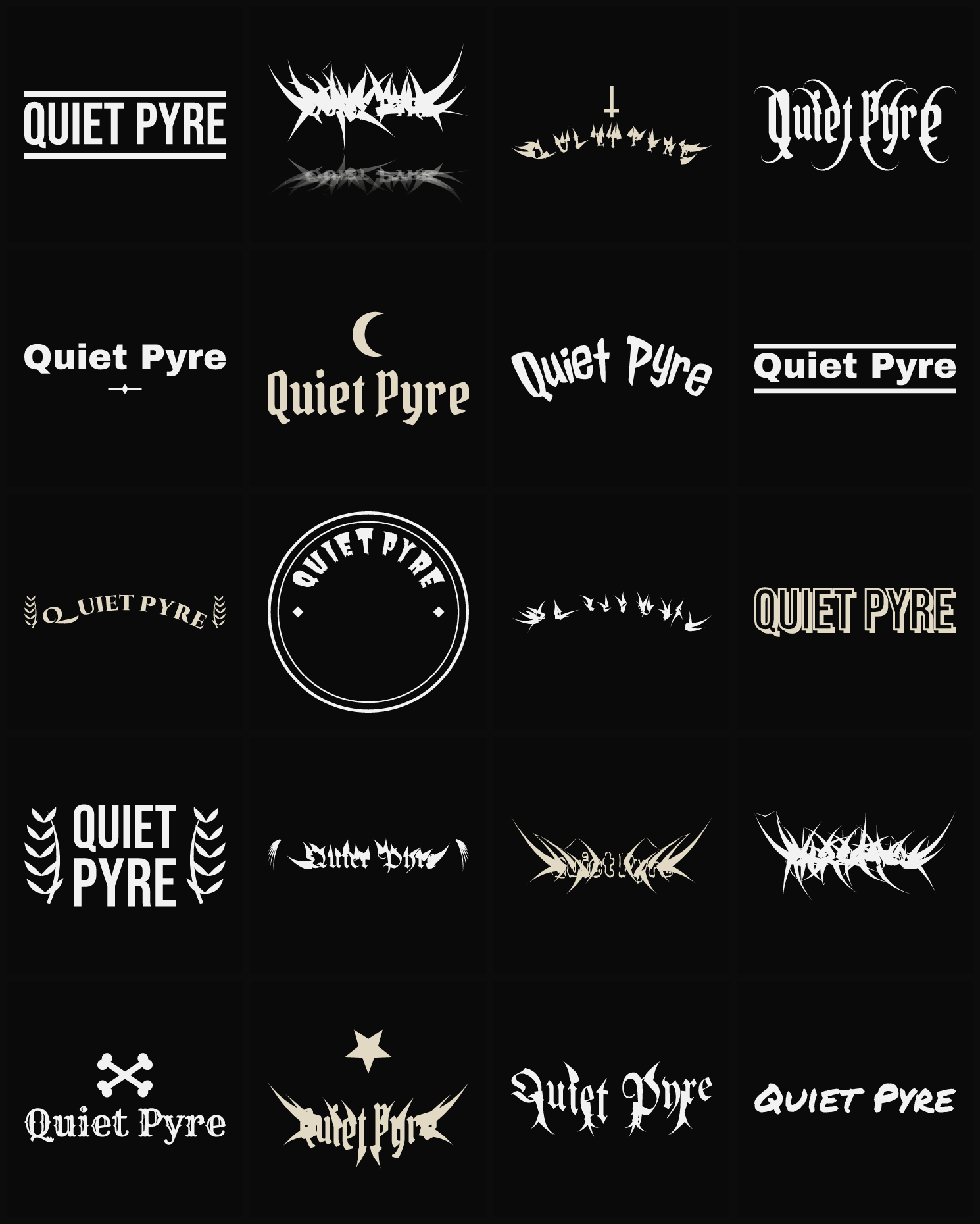 Twenty Quiet Pyre band logo ideas — different faces, treatments and spike settings