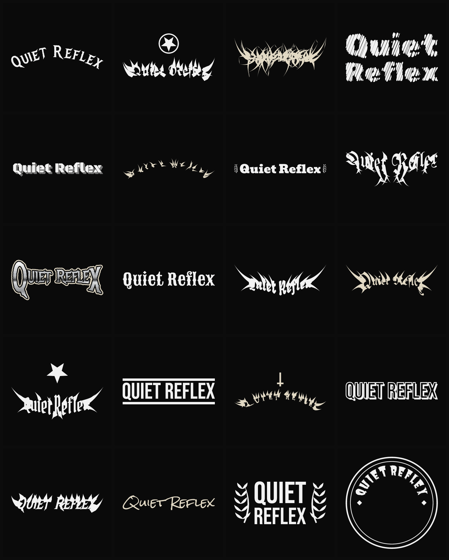Twenty Quiet Reflex band logo ideas — different faces, treatments and spike settings