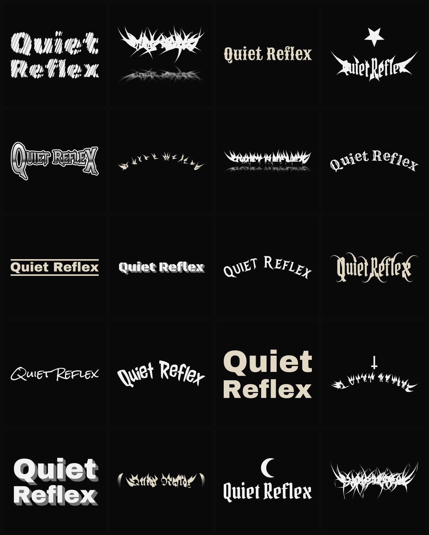 Twenty Quiet Reflex band logo ideas — different faces, treatments and spike settings