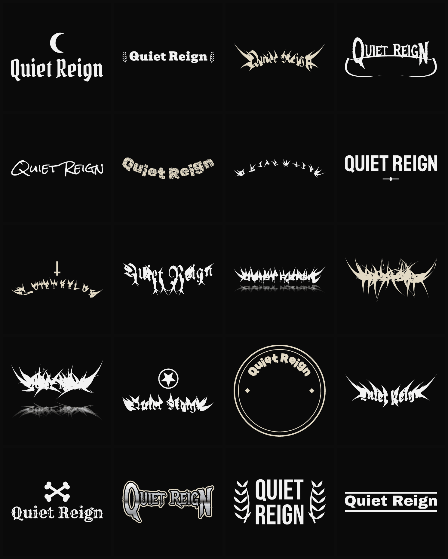 Twenty Quiet Reign band logo ideas — different faces, treatments and spike settings