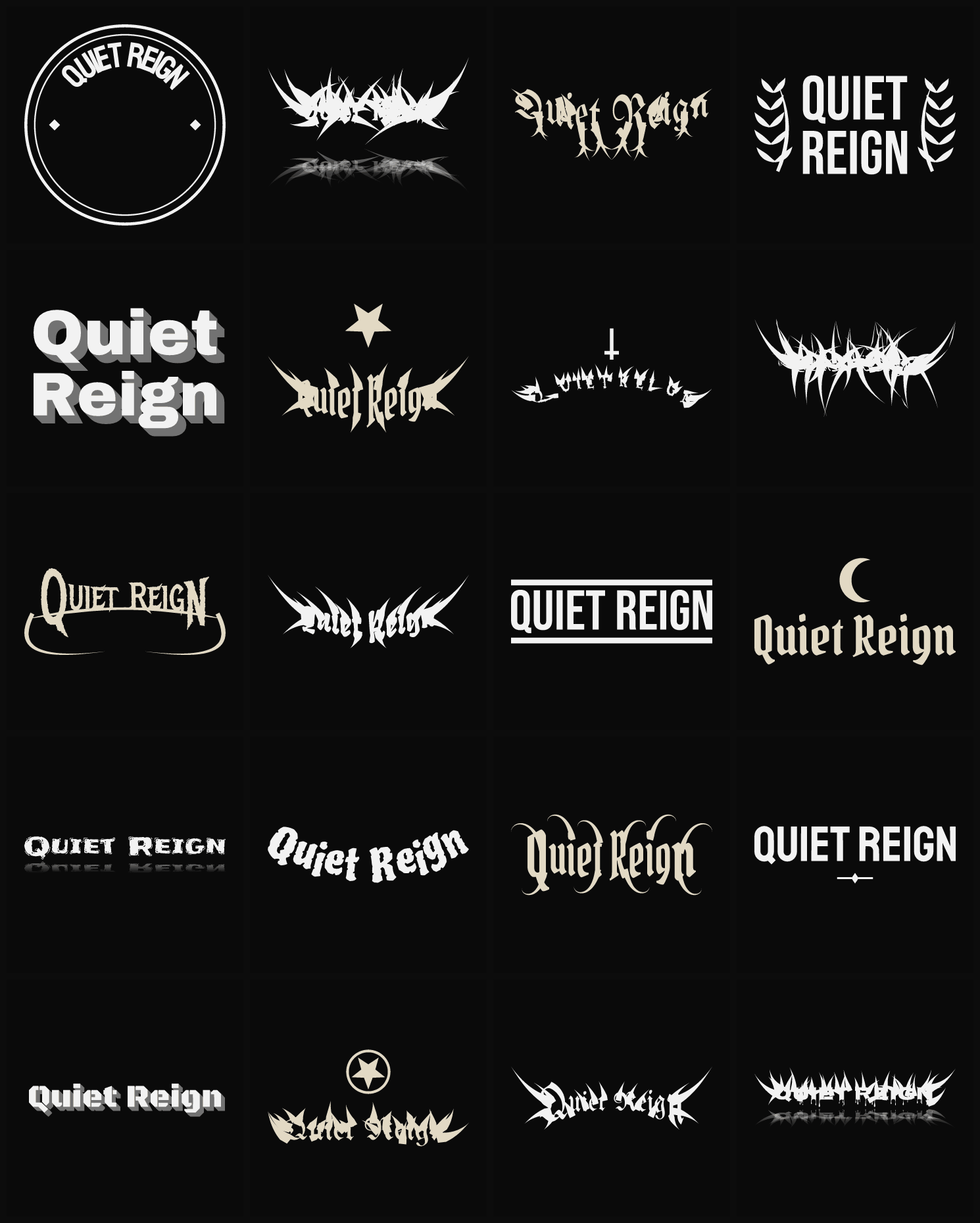 Twenty Quiet Reign band logo ideas — different faces, treatments and spike settings