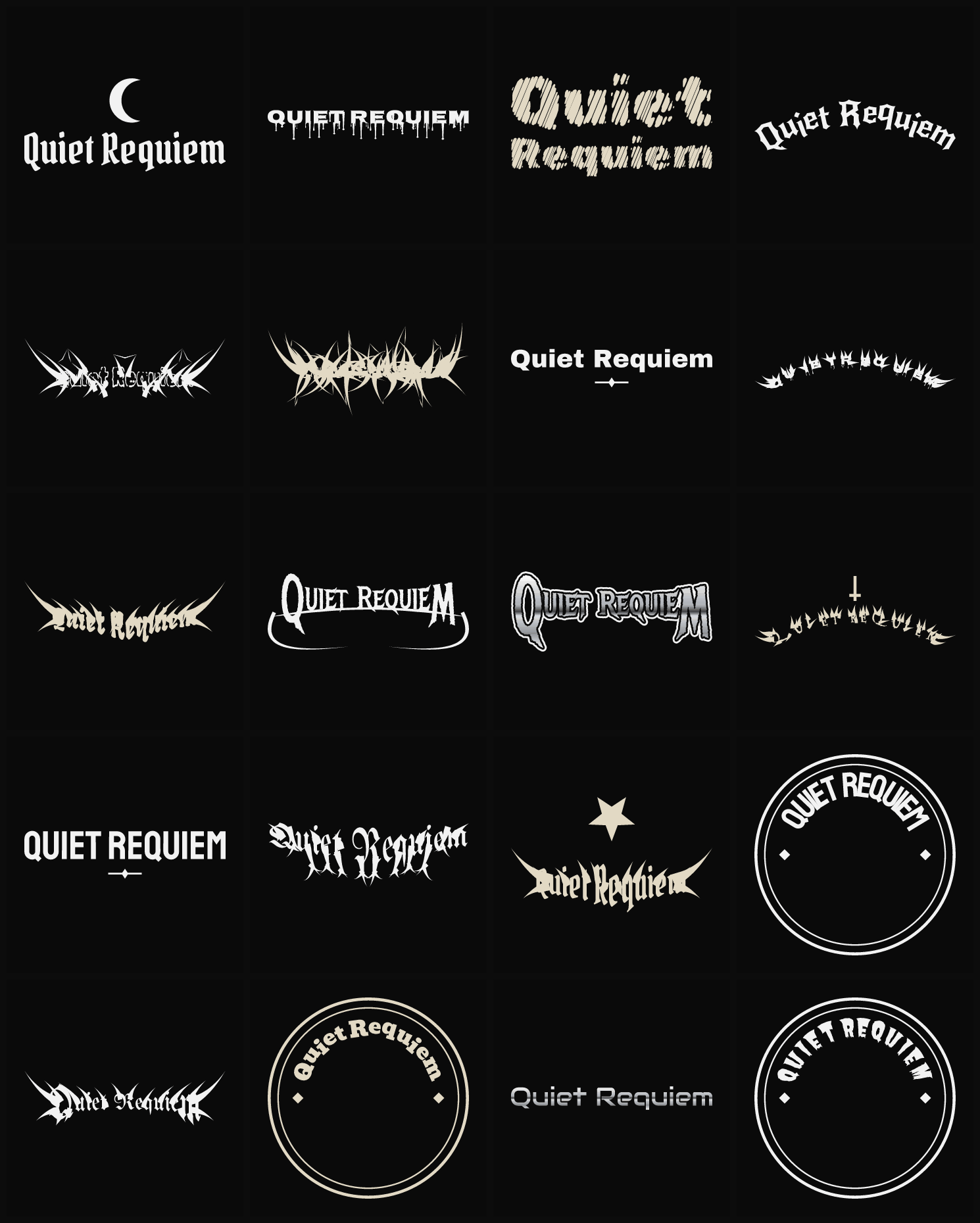 Twenty Quiet Requiem band logo ideas — different faces, treatments and spike settings