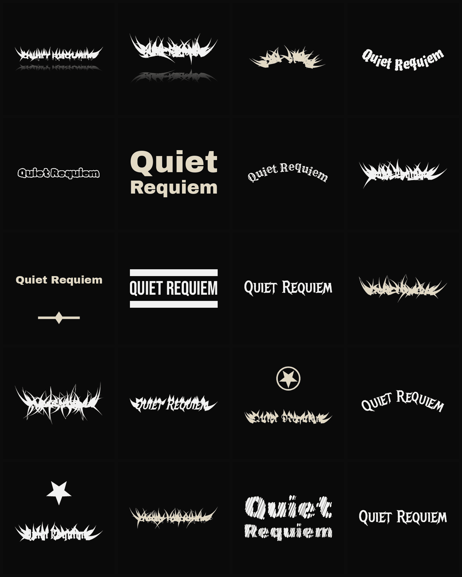 Twenty Quiet Requiem band logo ideas — different faces, treatments and spike settings