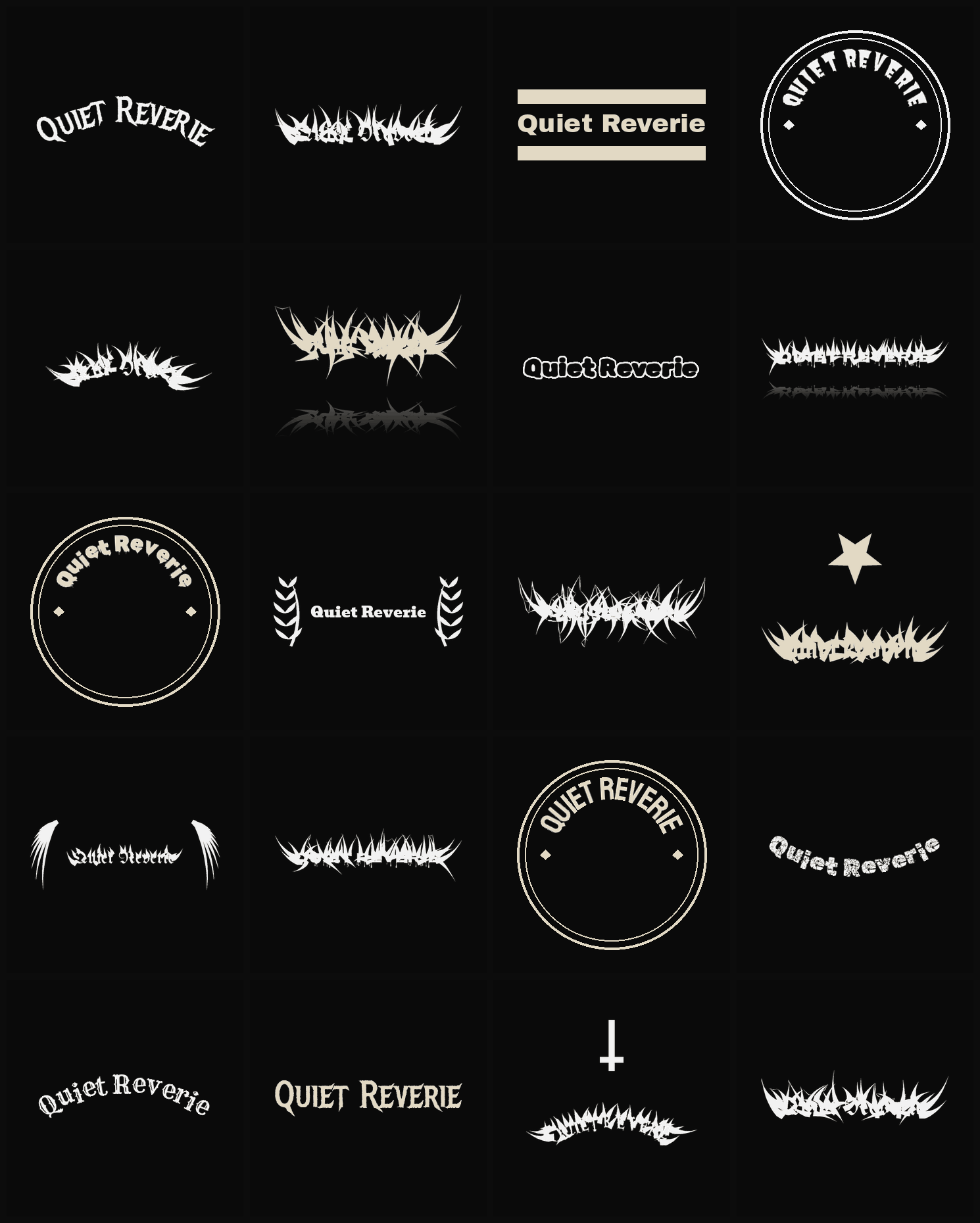 Twenty Quiet Reverie band logo ideas — different faces, treatments and spike settings