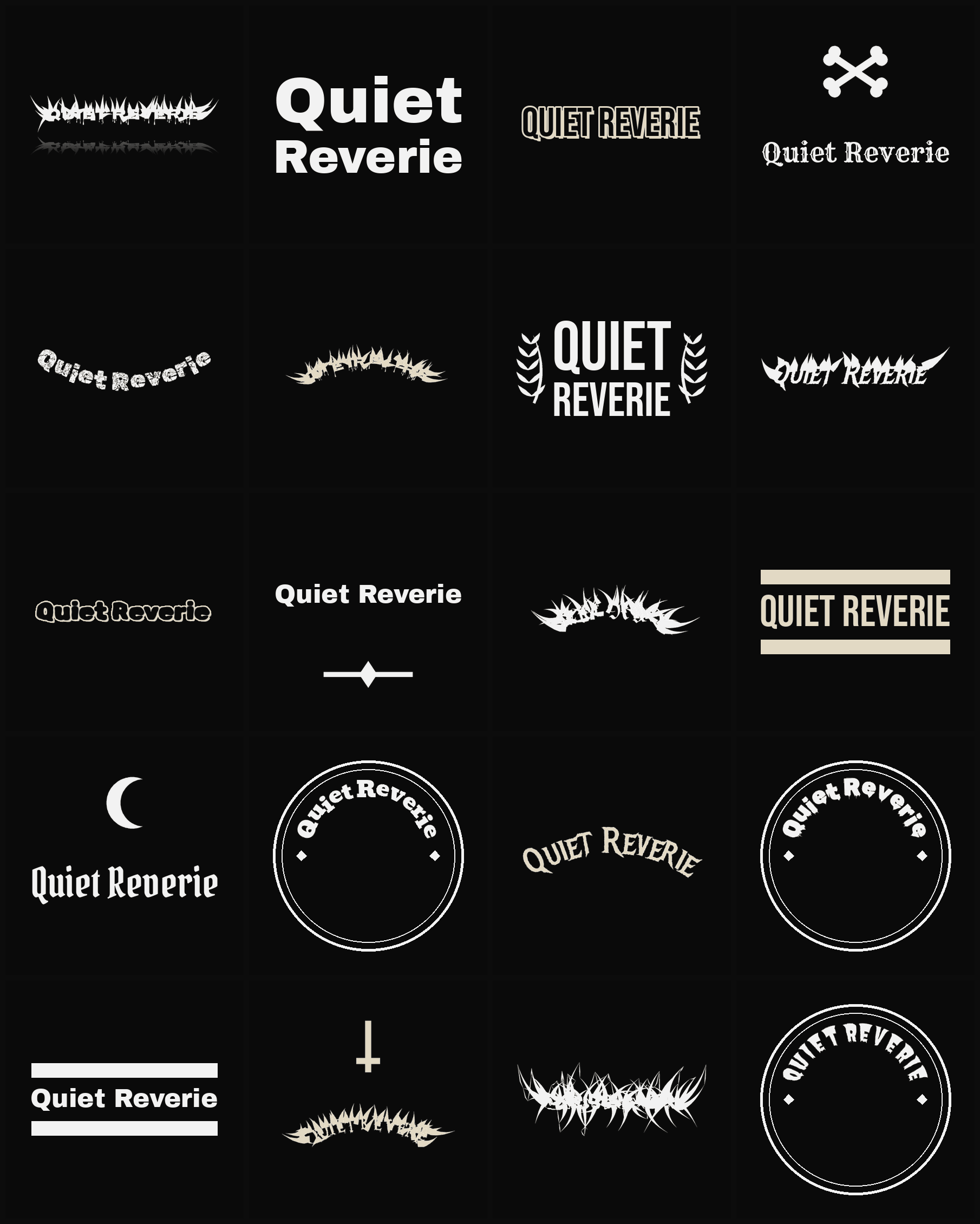 Twenty Quiet Reverie band logo ideas — different faces, treatments and spike settings