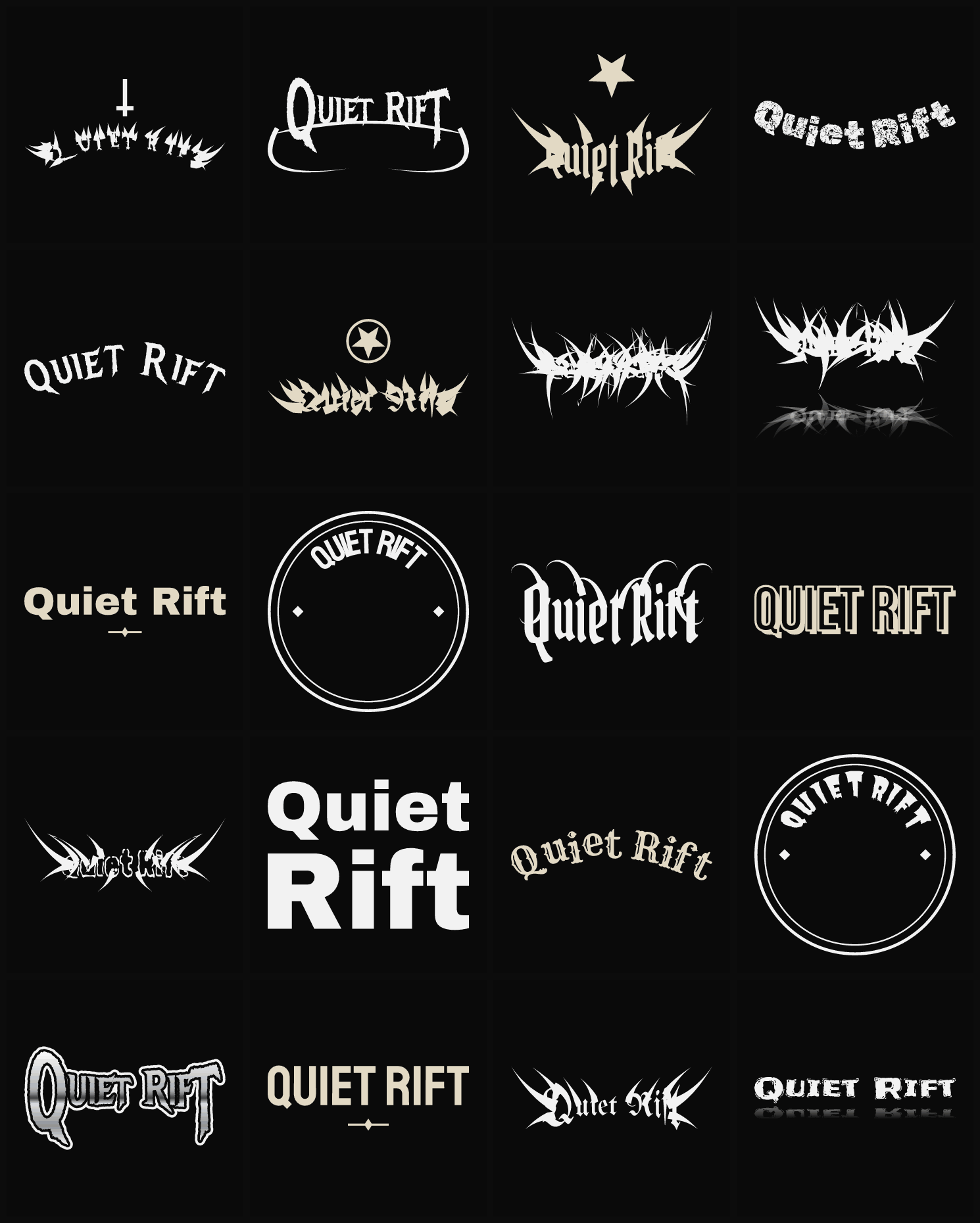 Twenty Quiet Rift band logo ideas — different faces, treatments and spike settings
