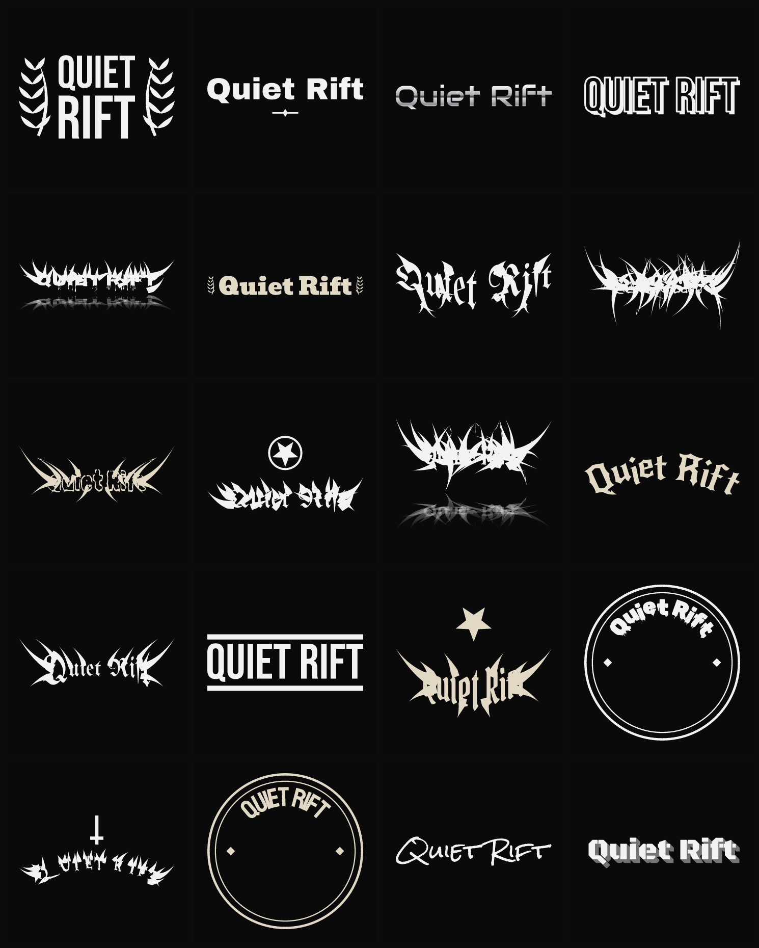 Twenty Quiet Rift band logo ideas — different faces, treatments and spike settings