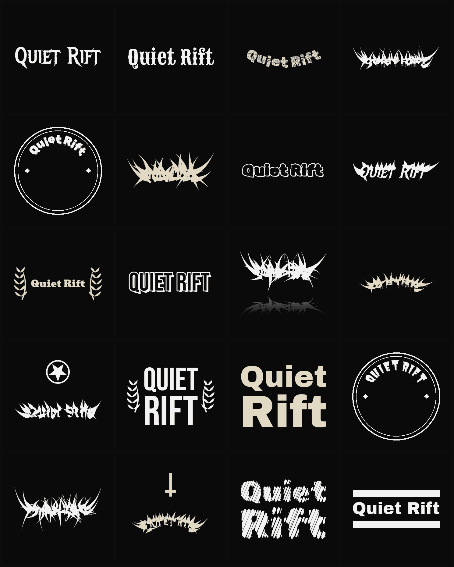 Twenty Quiet Rift band logo ideas — different faces, treatments and spike settings