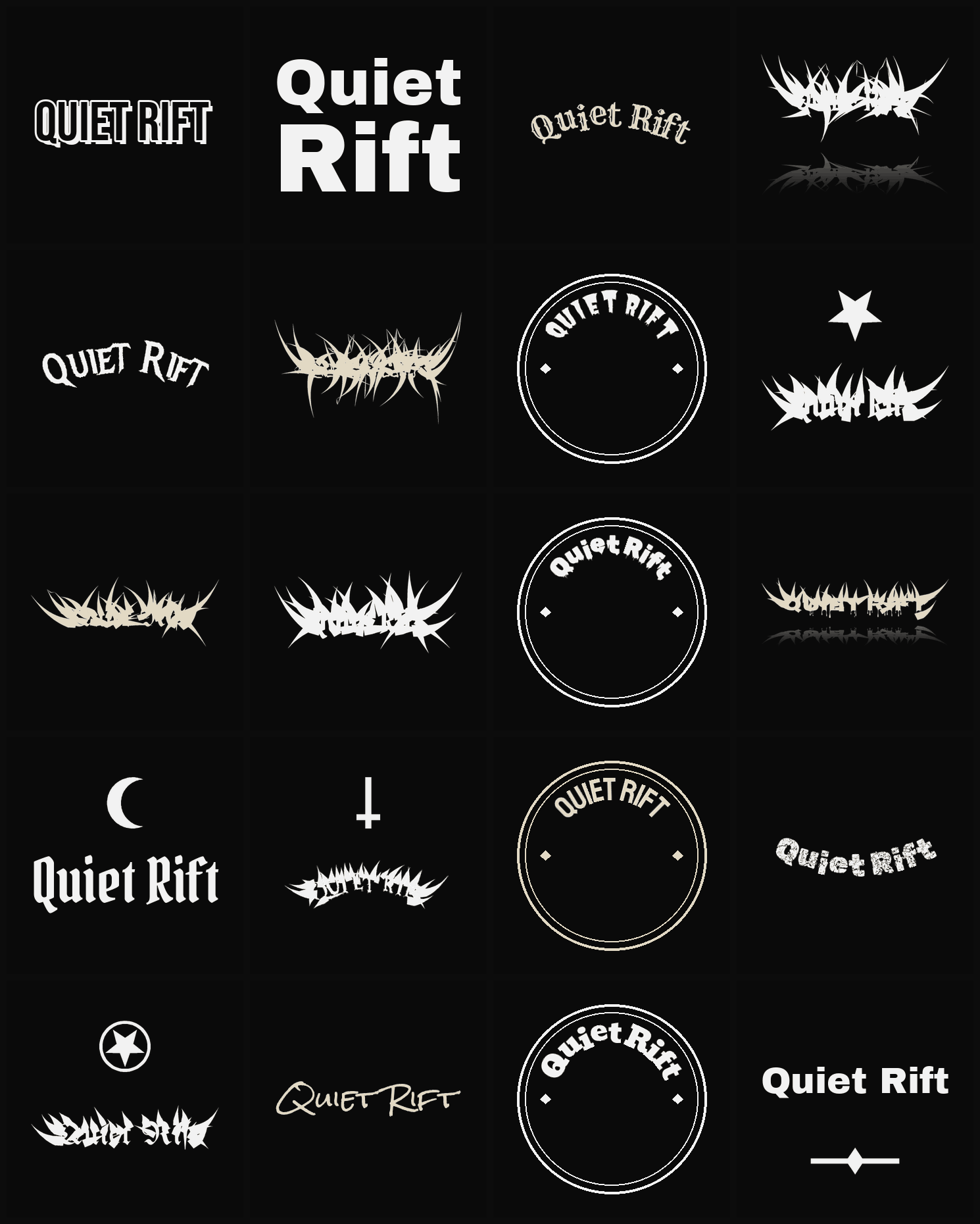 Twenty Quiet Rift band logo ideas — different faces, treatments and spike settings