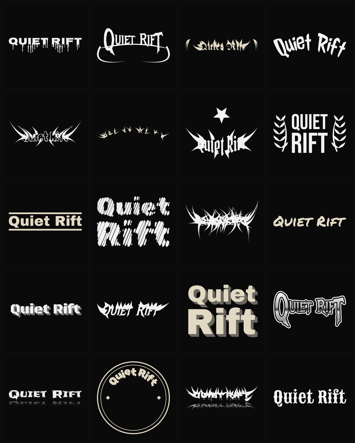 Twenty Quiet Rift band logo ideas — different faces, treatments and spike settings