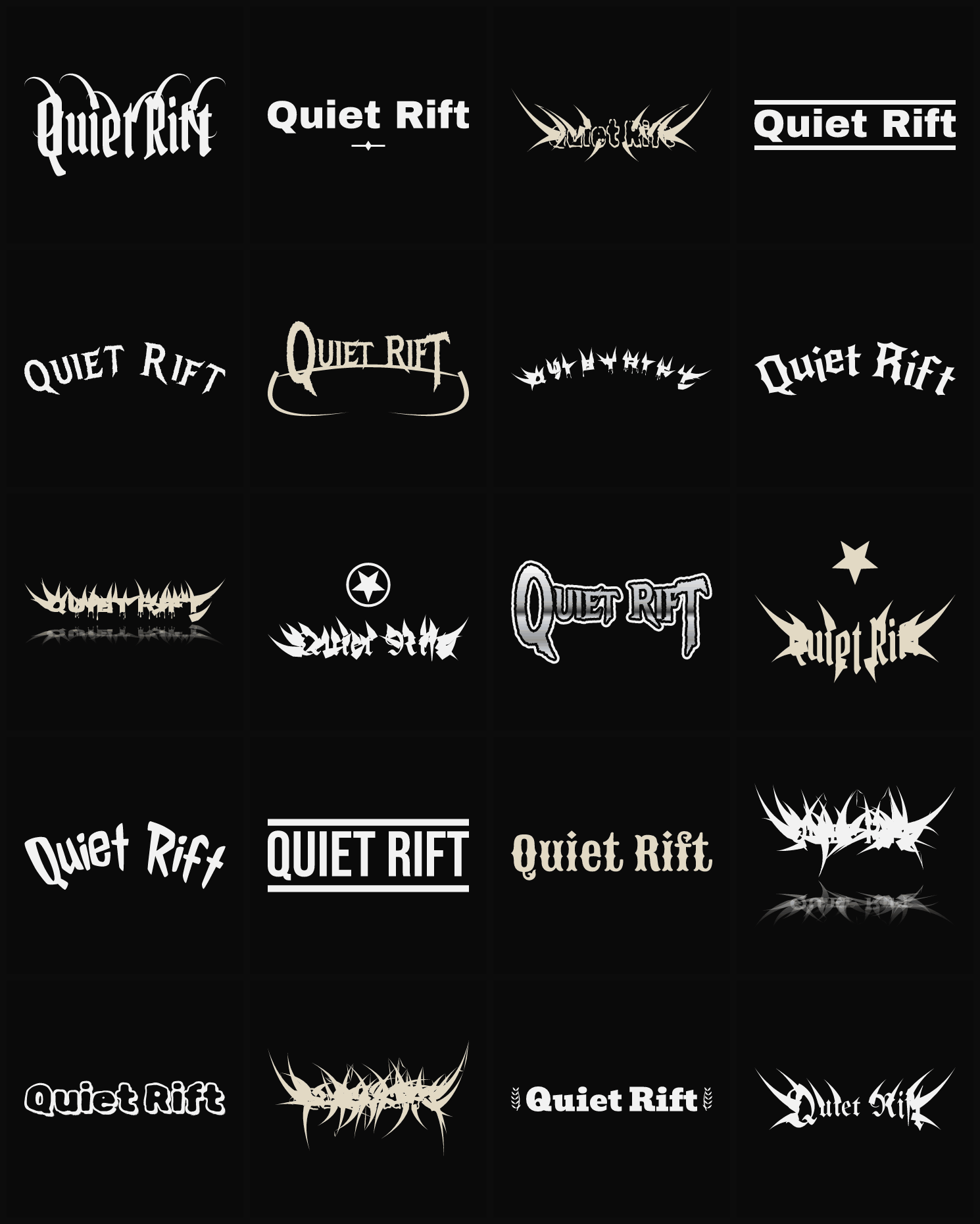 Twenty Quiet Rift band logo ideas — different faces, treatments and spike settings
