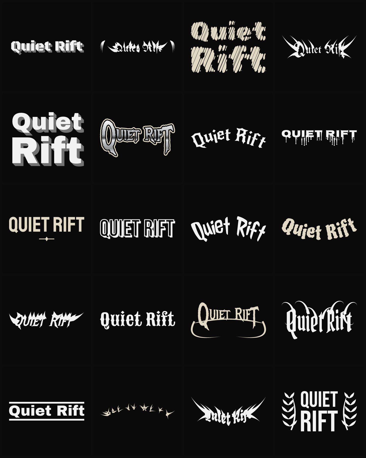 Twenty Quiet Rift band logo ideas — different faces, treatments and spike settings