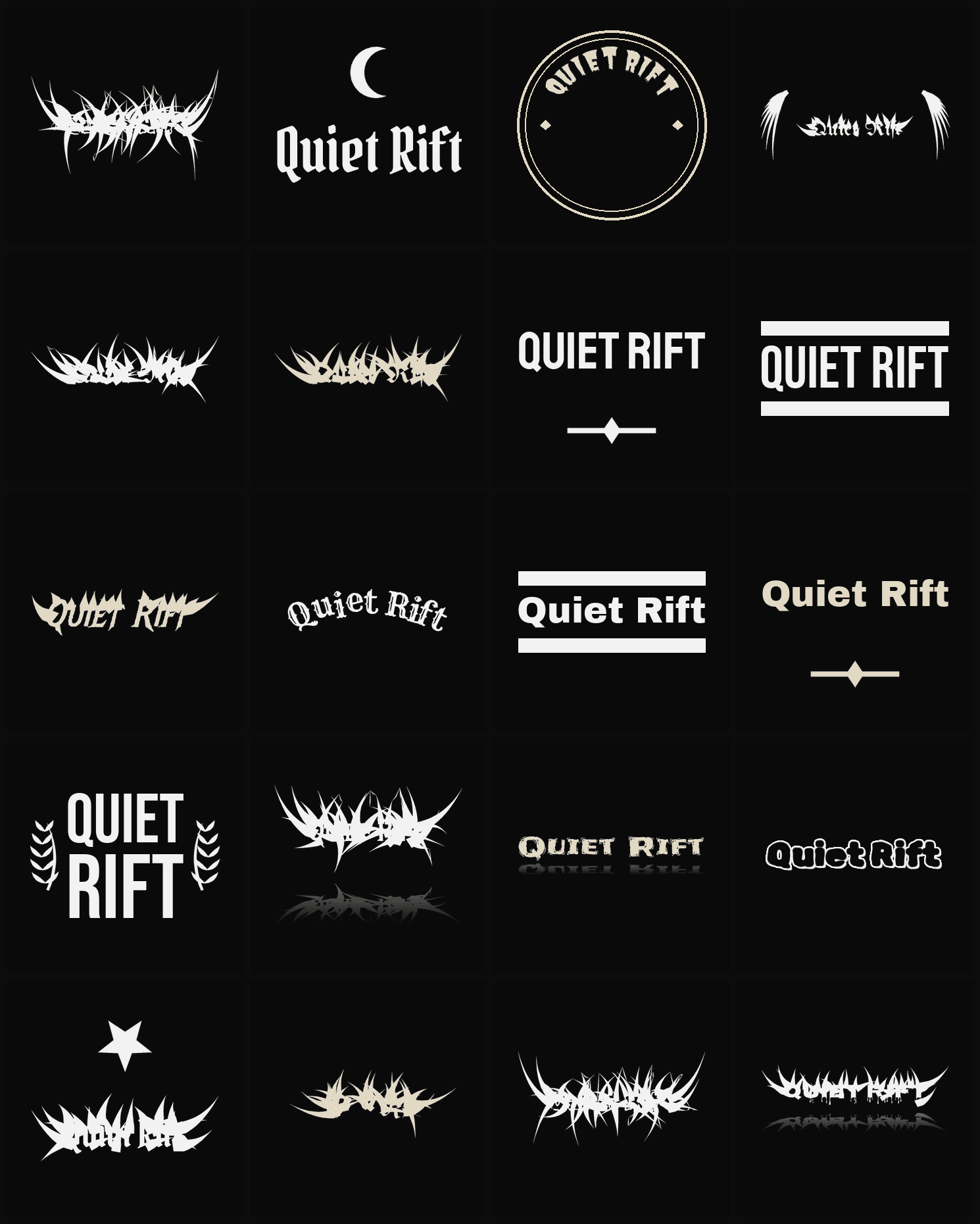 Twenty Quiet Rift band logo ideas — different faces, treatments and spike settings