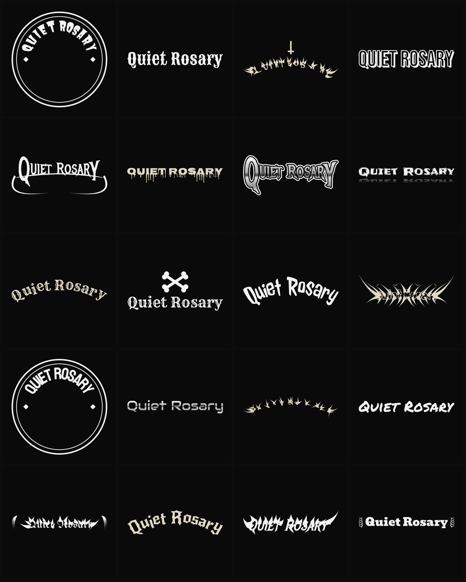 Twenty Quiet Rosary band logo ideas — different faces, treatments and spike settings