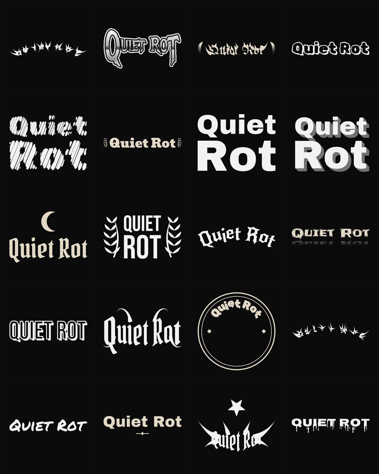 Twenty Quiet Rot band logo ideas — different faces, treatments and spike settings