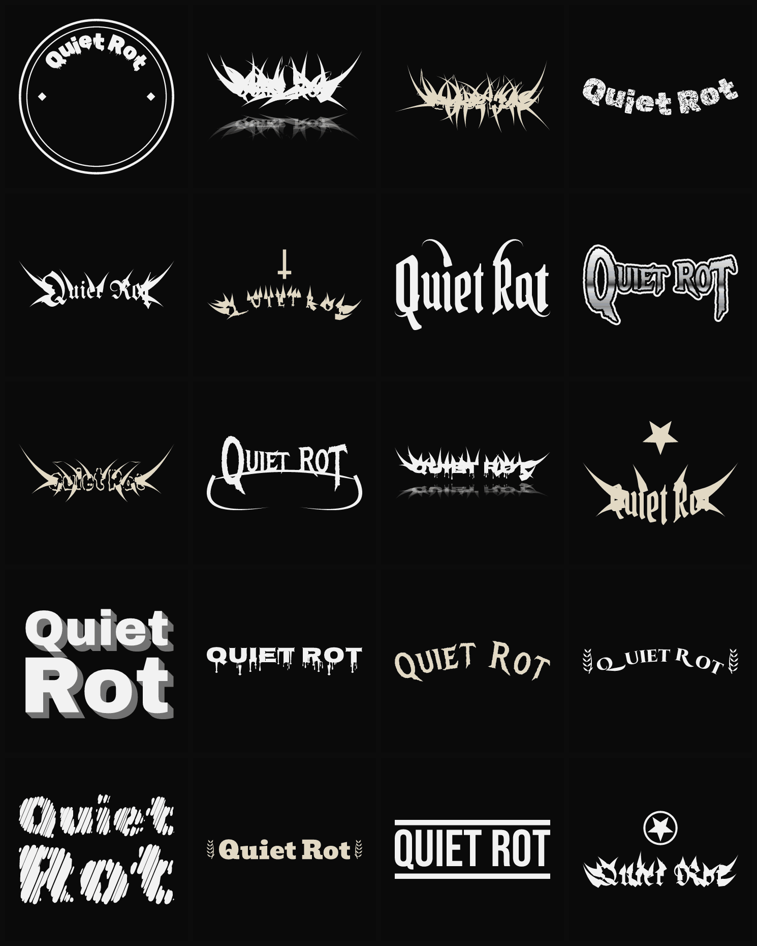 Twenty Quiet Rot band logo ideas — different faces, treatments and spike settings