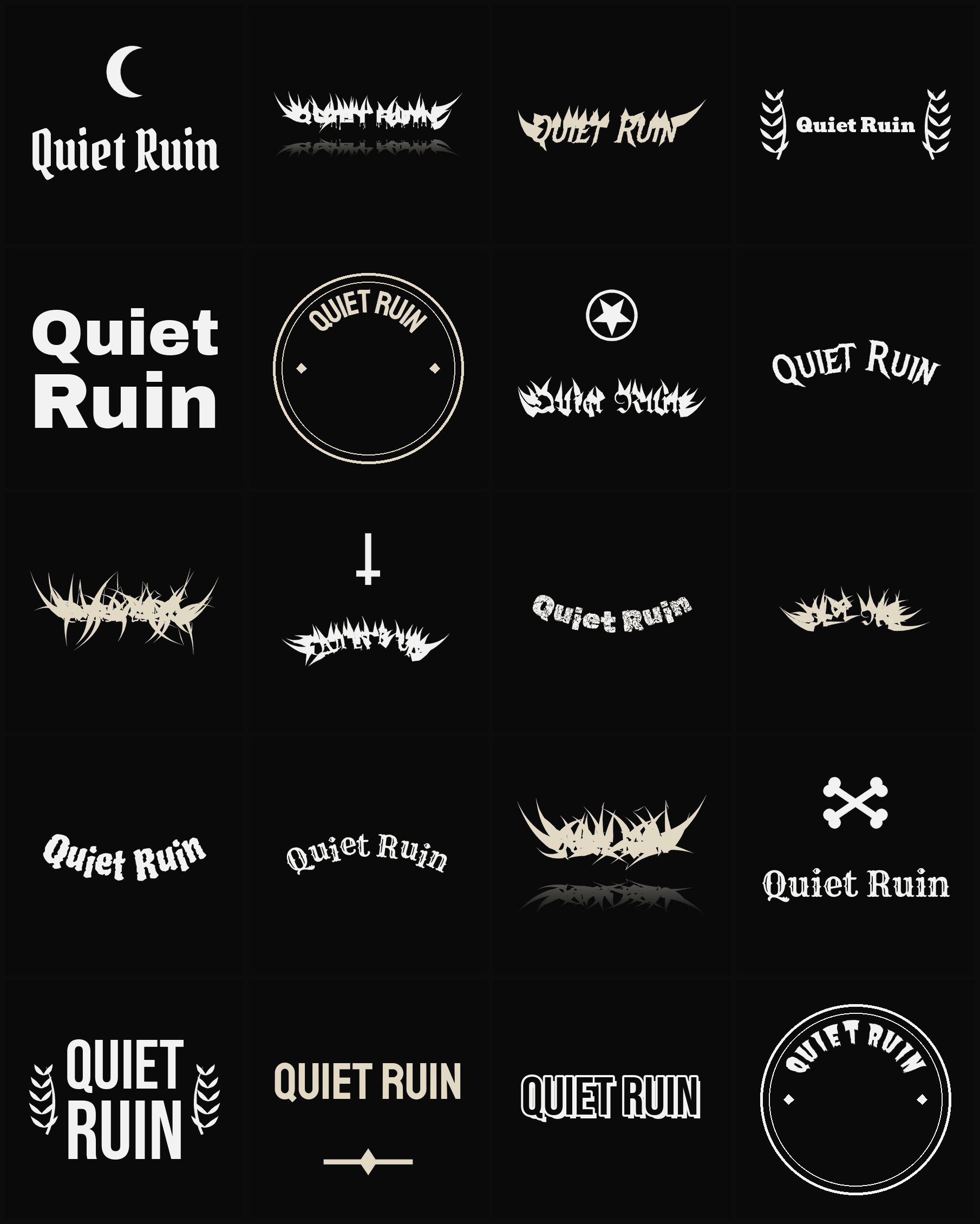 Twenty Quiet Ruin band logo ideas — different faces, treatments and spike settings