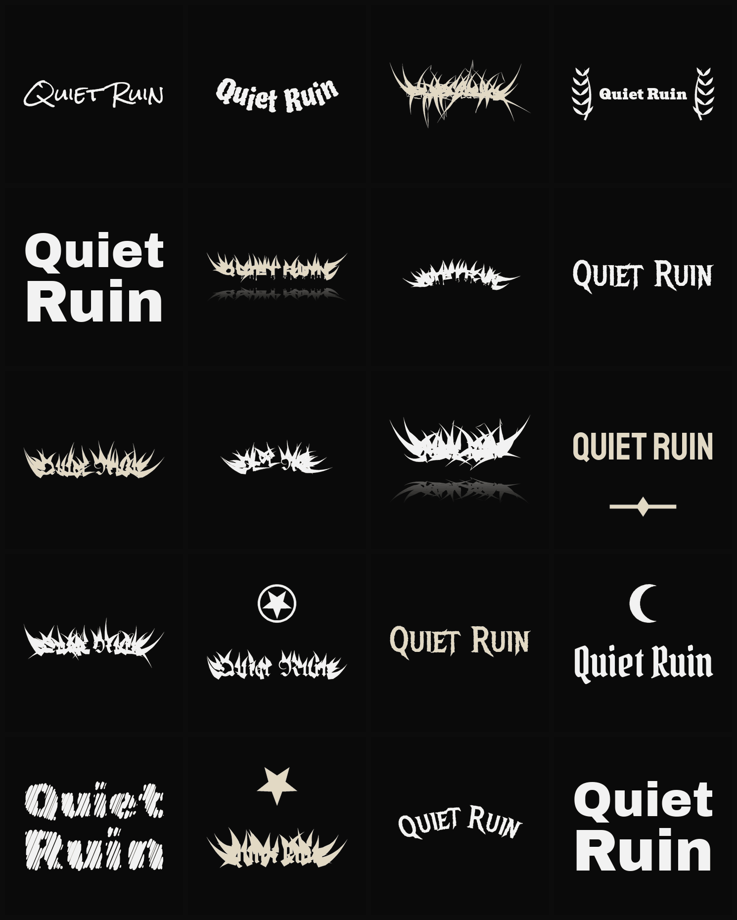 Twenty Quiet Ruin band logo ideas — different faces, treatments and spike settings
