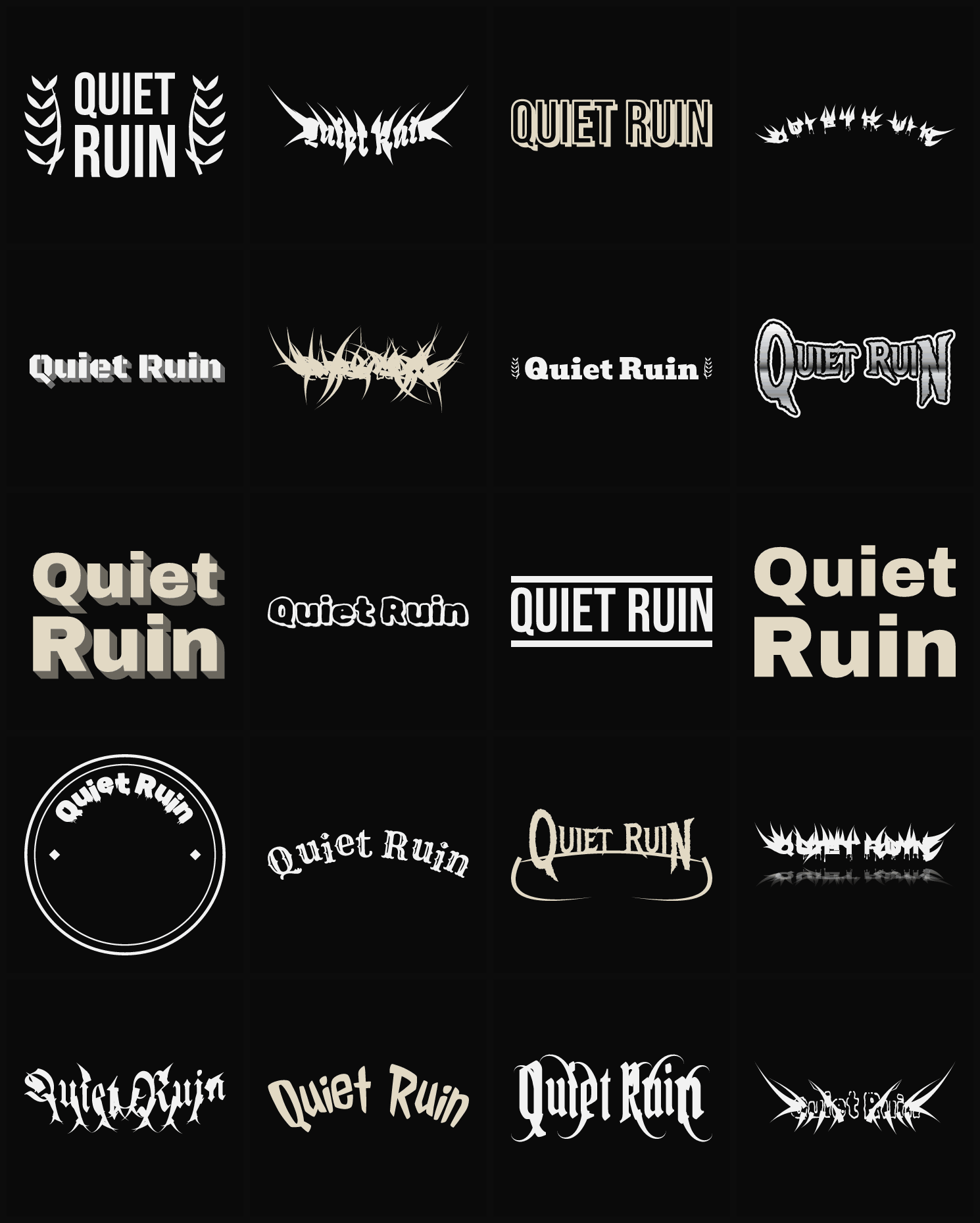 Twenty Quiet Ruin band logo ideas — different faces, treatments and spike settings