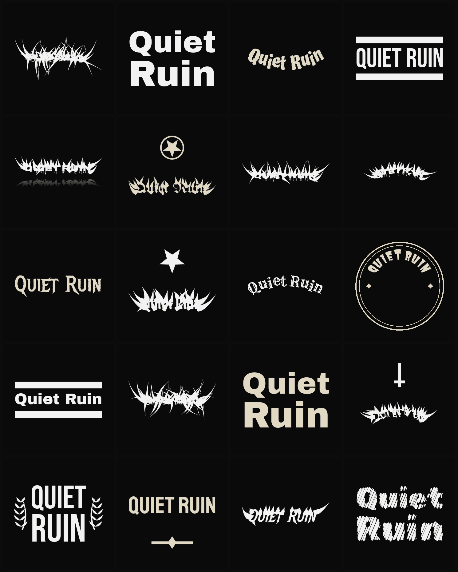 Twenty Quiet Ruin band logo ideas — different faces, treatments and spike settings