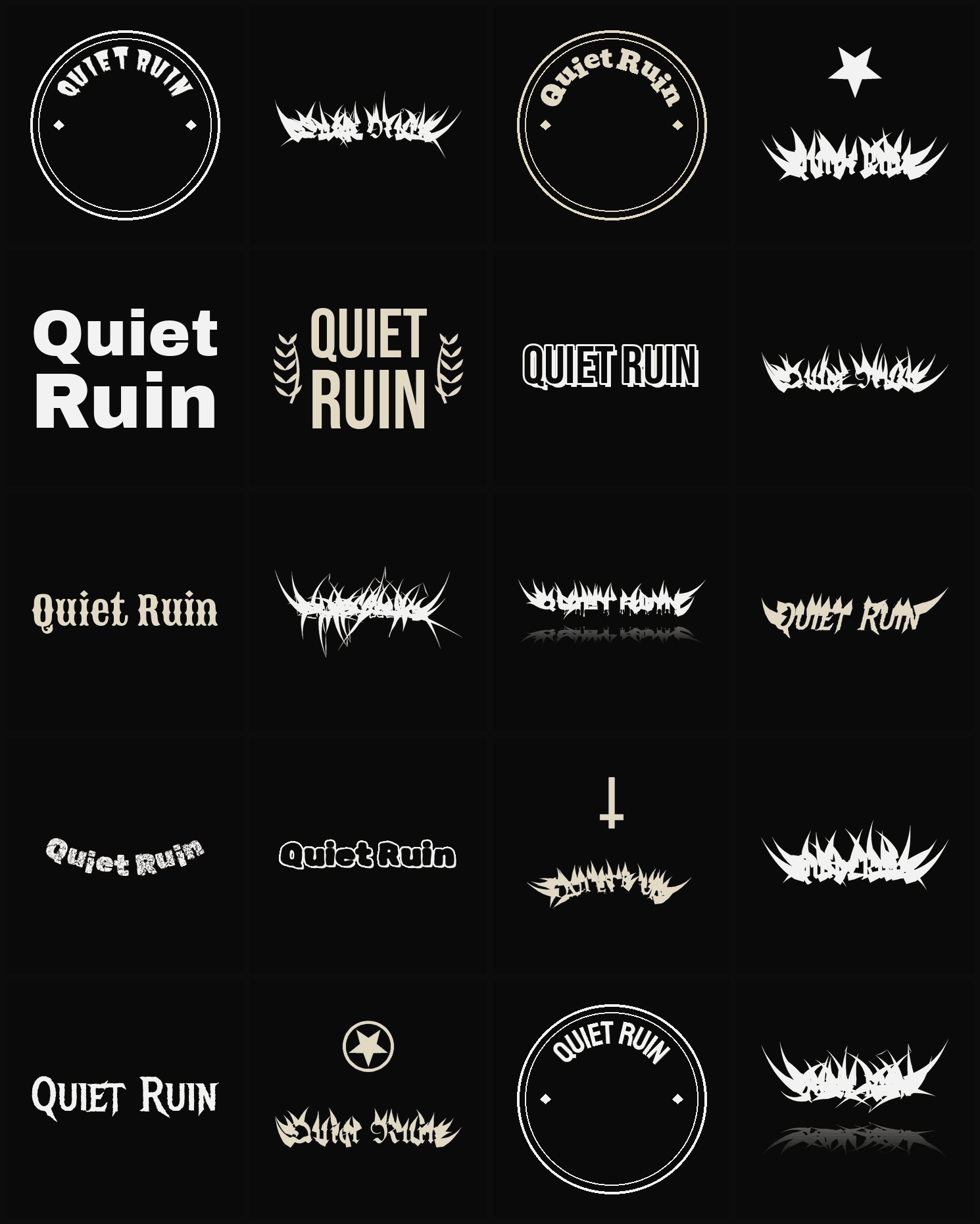 Twenty Quiet Ruin band logo ideas — different faces, treatments and spike settings