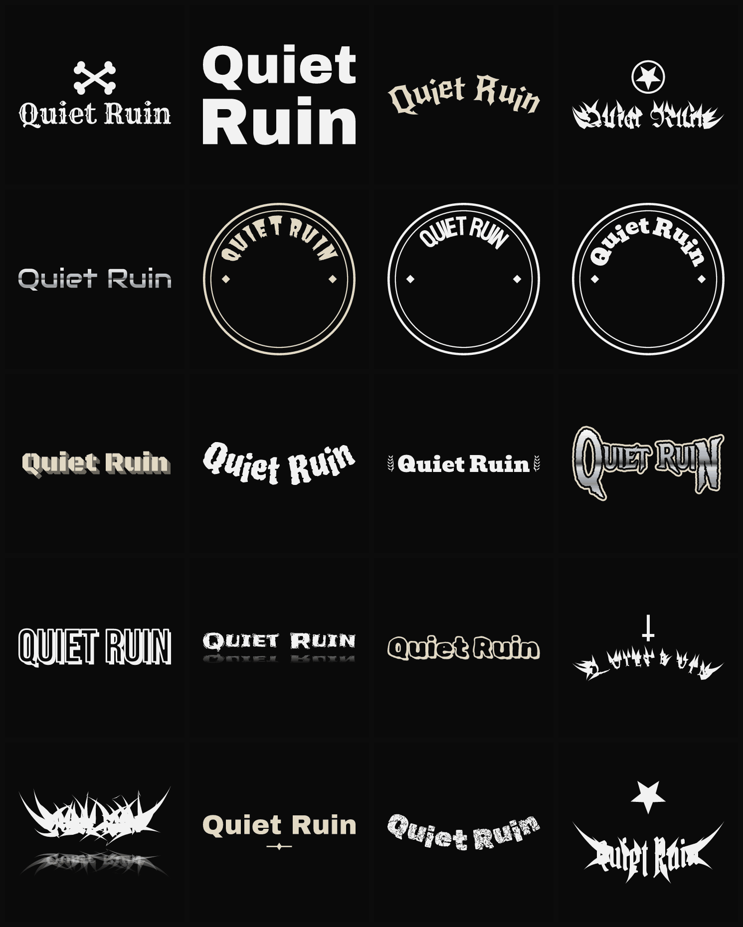Twenty Quiet Ruin band logo ideas — different faces, treatments and spike settings