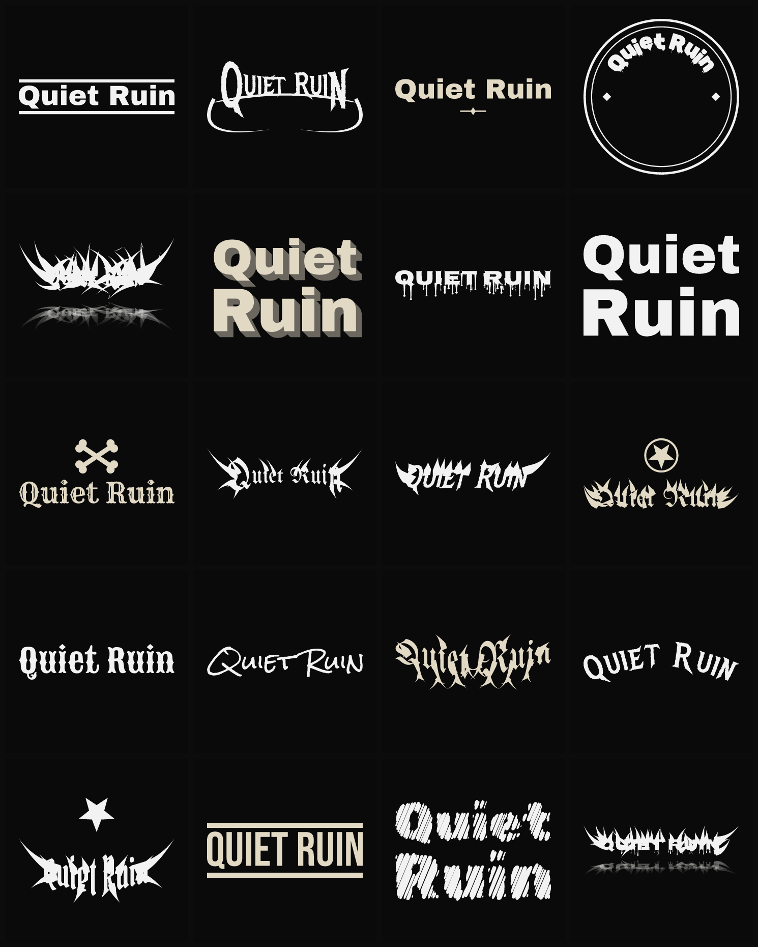 Twenty Quiet Ruin band logo ideas — different faces, treatments and spike settings