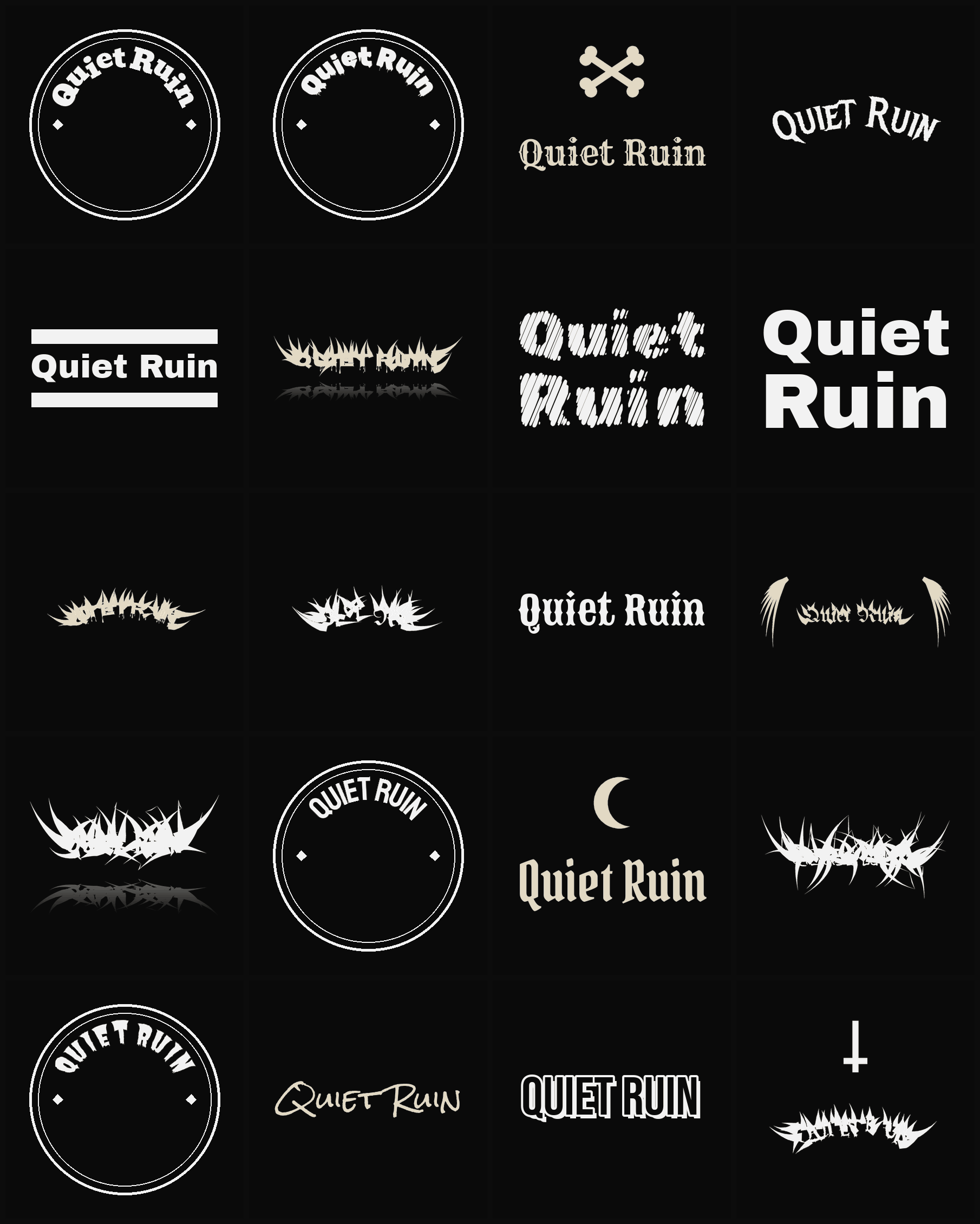Twenty Quiet Ruin band logo ideas — different faces, treatments and spike settings