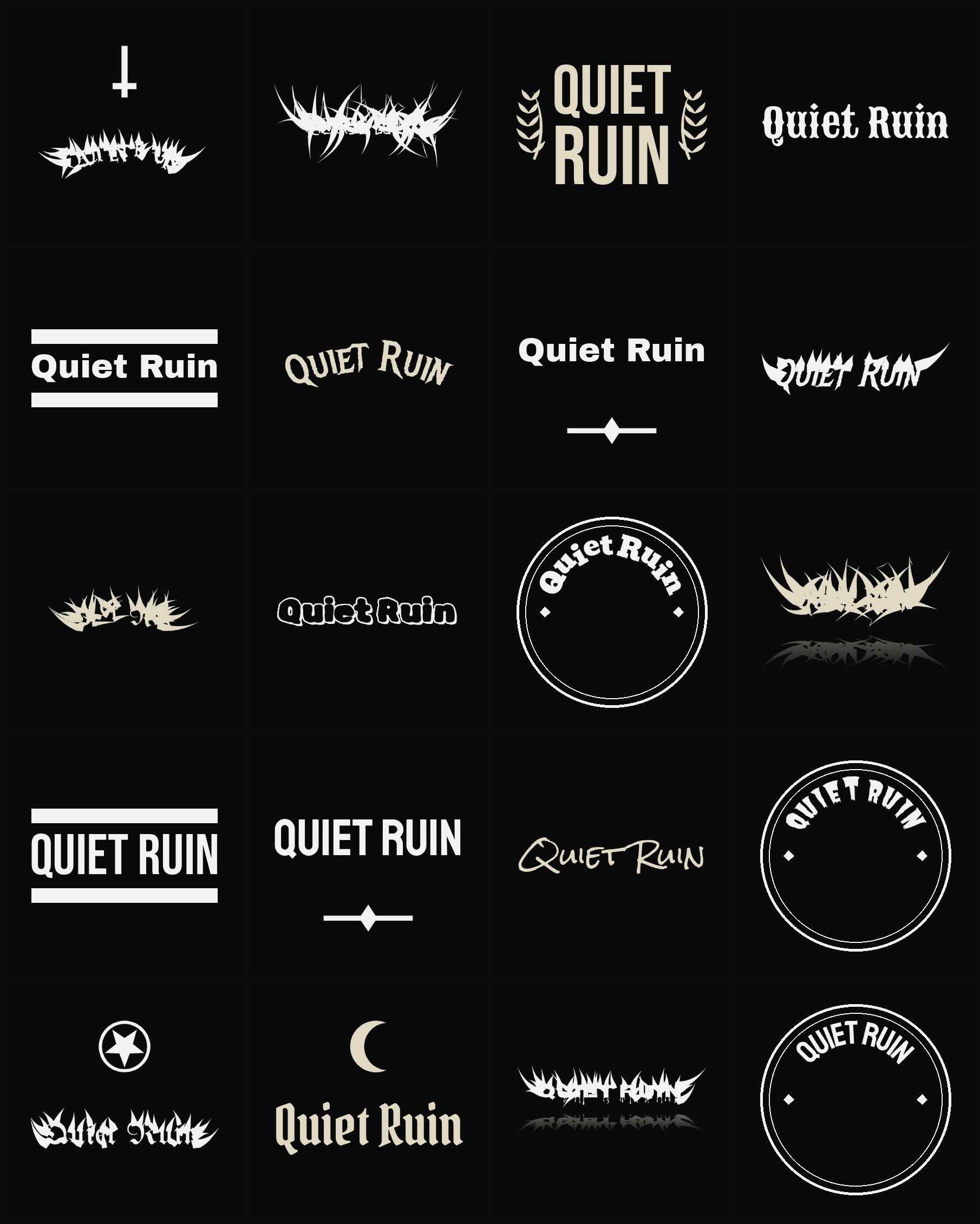 Twenty Quiet Ruin band logo ideas — different faces, treatments and spike settings