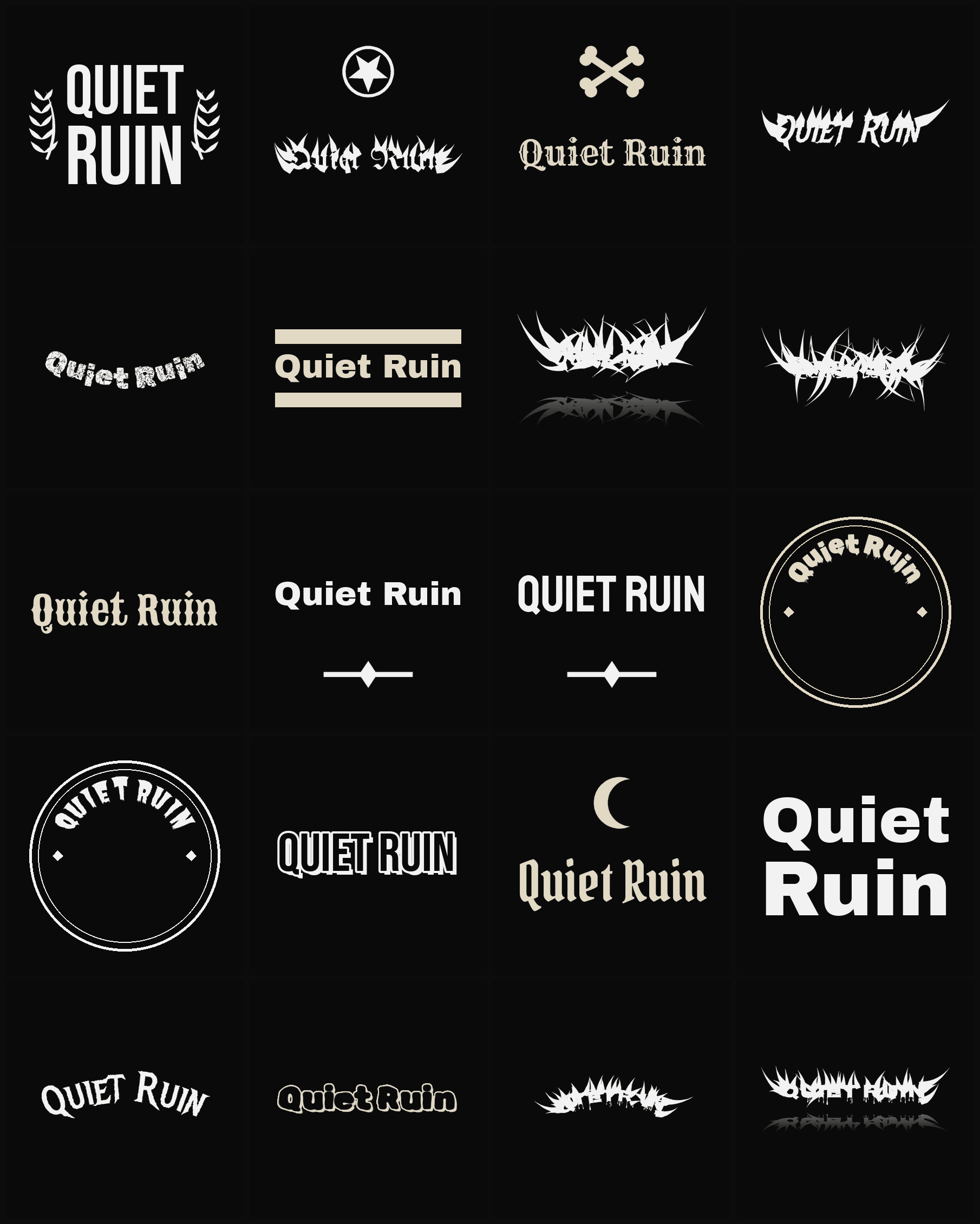 Twenty Quiet Ruin band logo ideas — different faces, treatments and spike settings