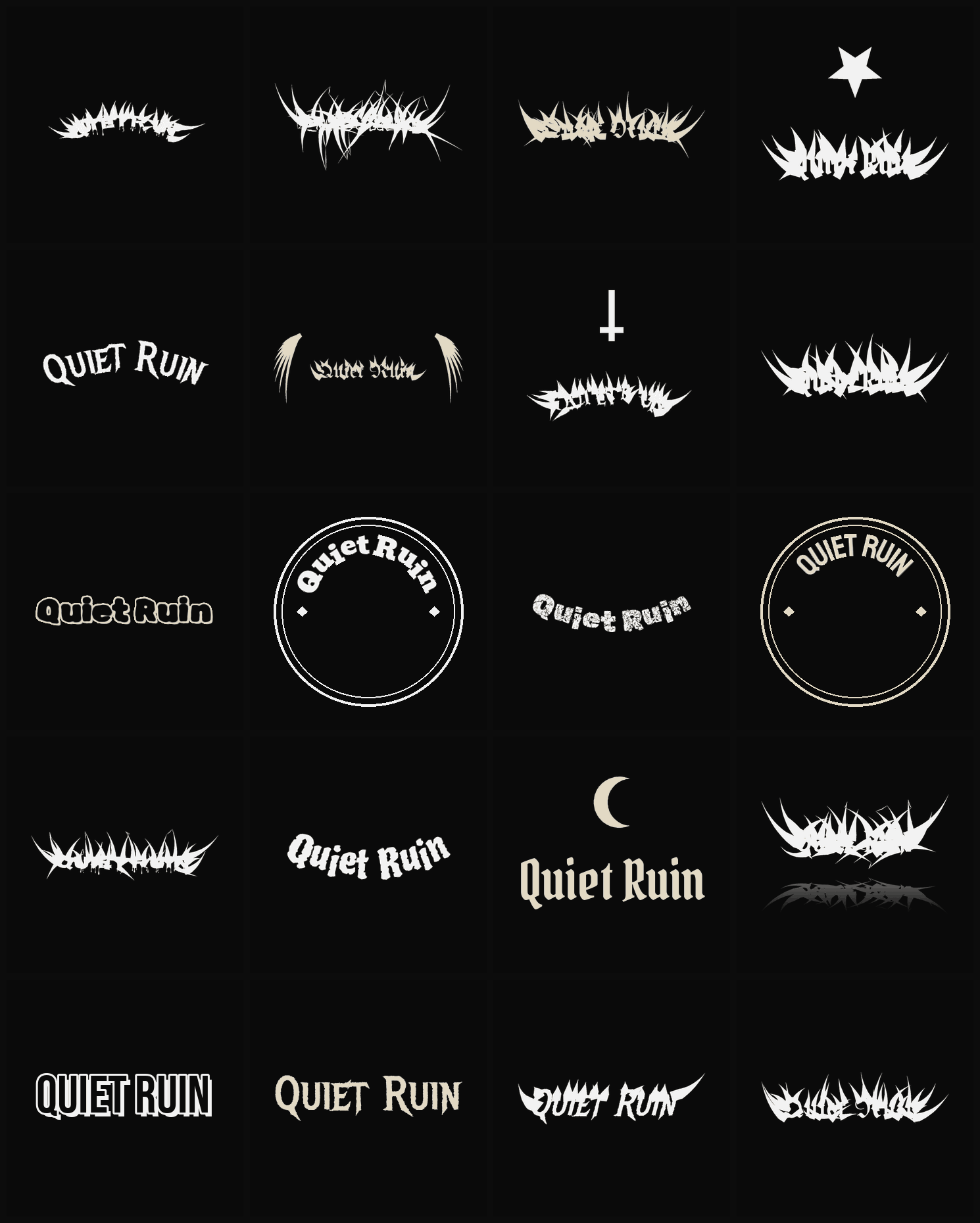 Twenty Quiet Ruin band logo ideas — different faces, treatments and spike settings