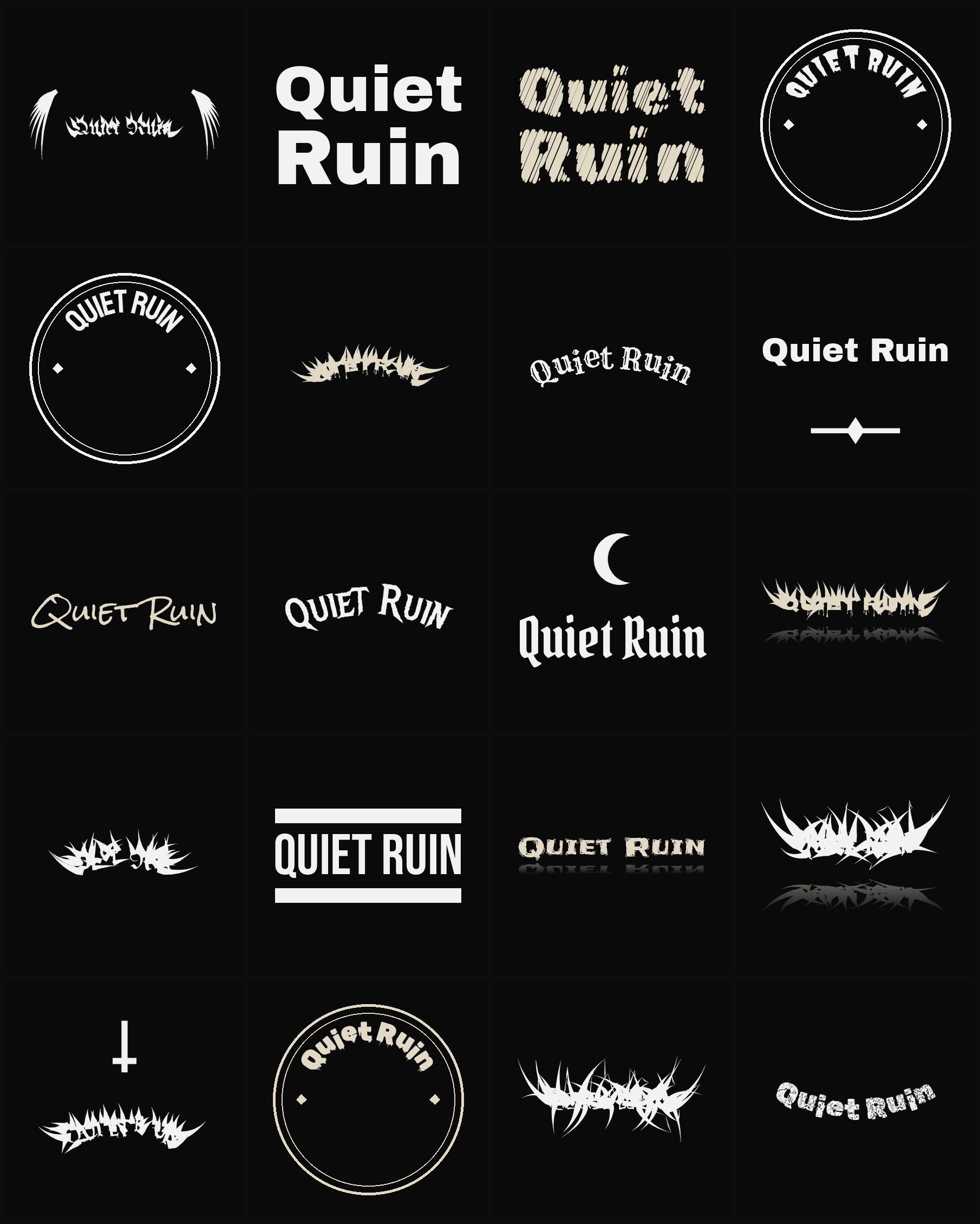 Twenty Quiet Ruin band logo ideas — different faces, treatments and spike settings