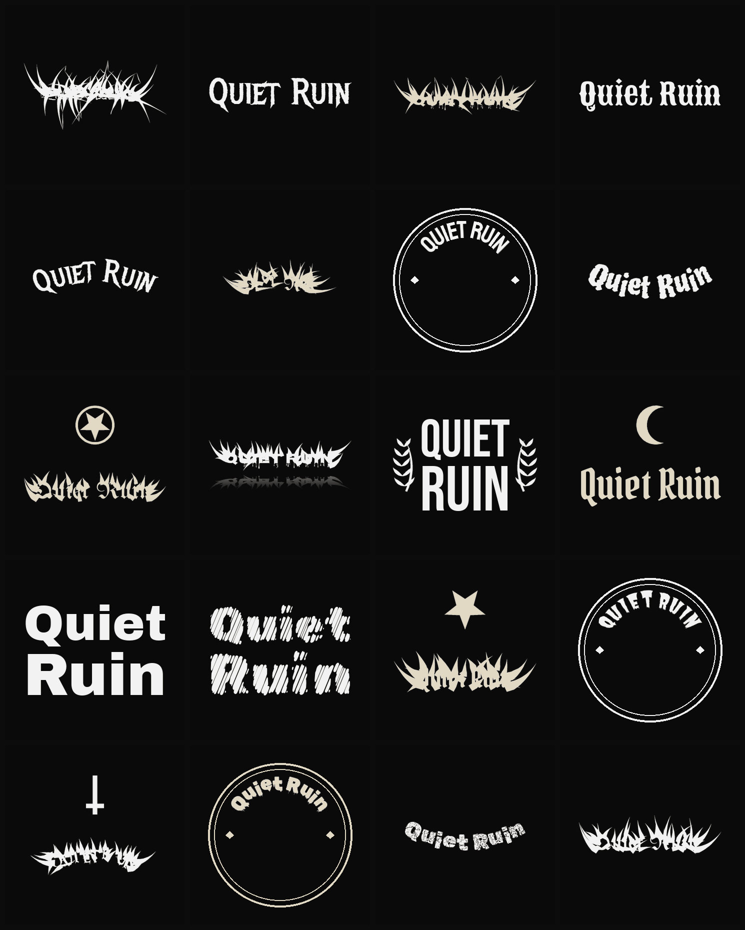 Twenty Quiet Ruin band logo ideas — different faces, treatments and spike settings