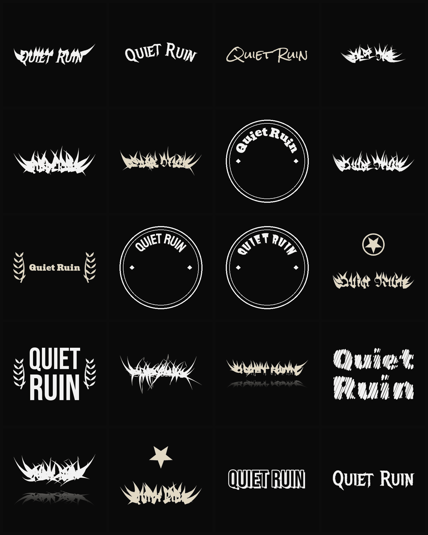 Twenty Quiet Ruin band logo ideas — different faces, treatments and spike settings