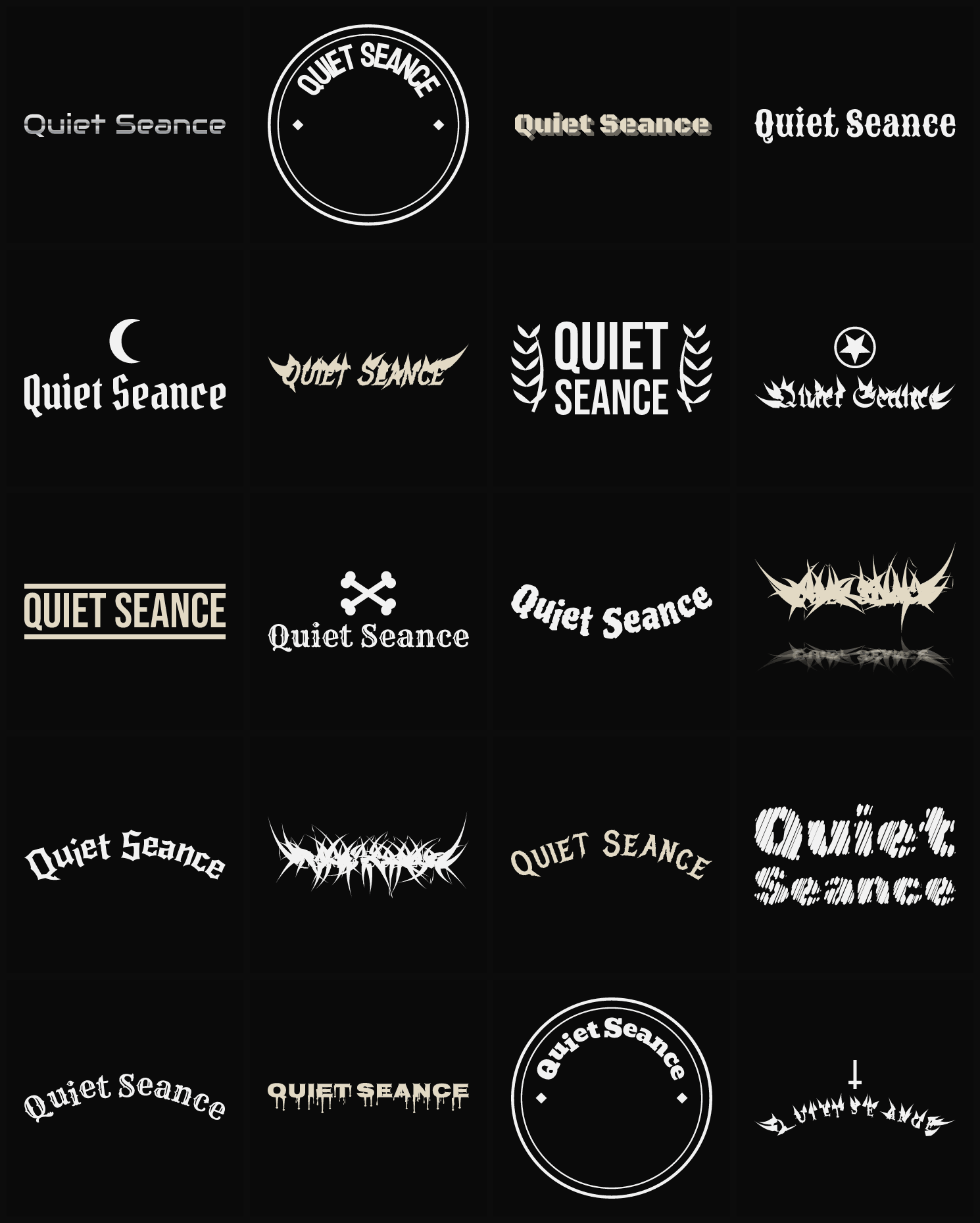Twenty Quiet Seance band logo ideas — different faces, treatments and spike settings